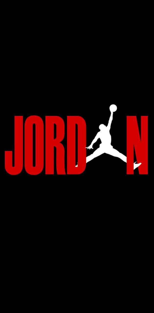 鞋子 桌布 壁紙 — 大膽的紅色 'JORDAN' 文字，搭配黑色背景上一個空中持球的籃球運動員的標誌性白色剪影。