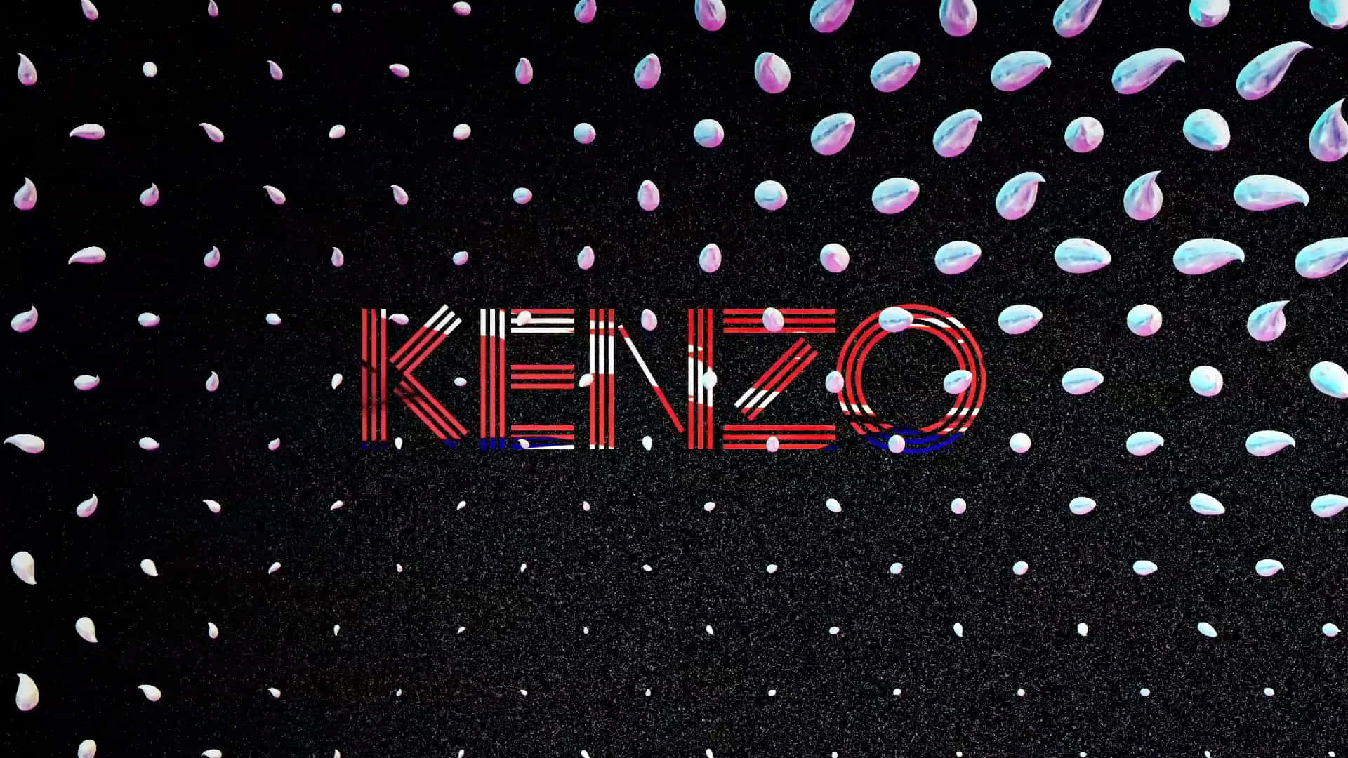 Multicolor 桌布 壁紙 — 大膽的紅色 Kenzo 標誌在斑點黑色背景上漂浮於彩虹色淚滴之間。
