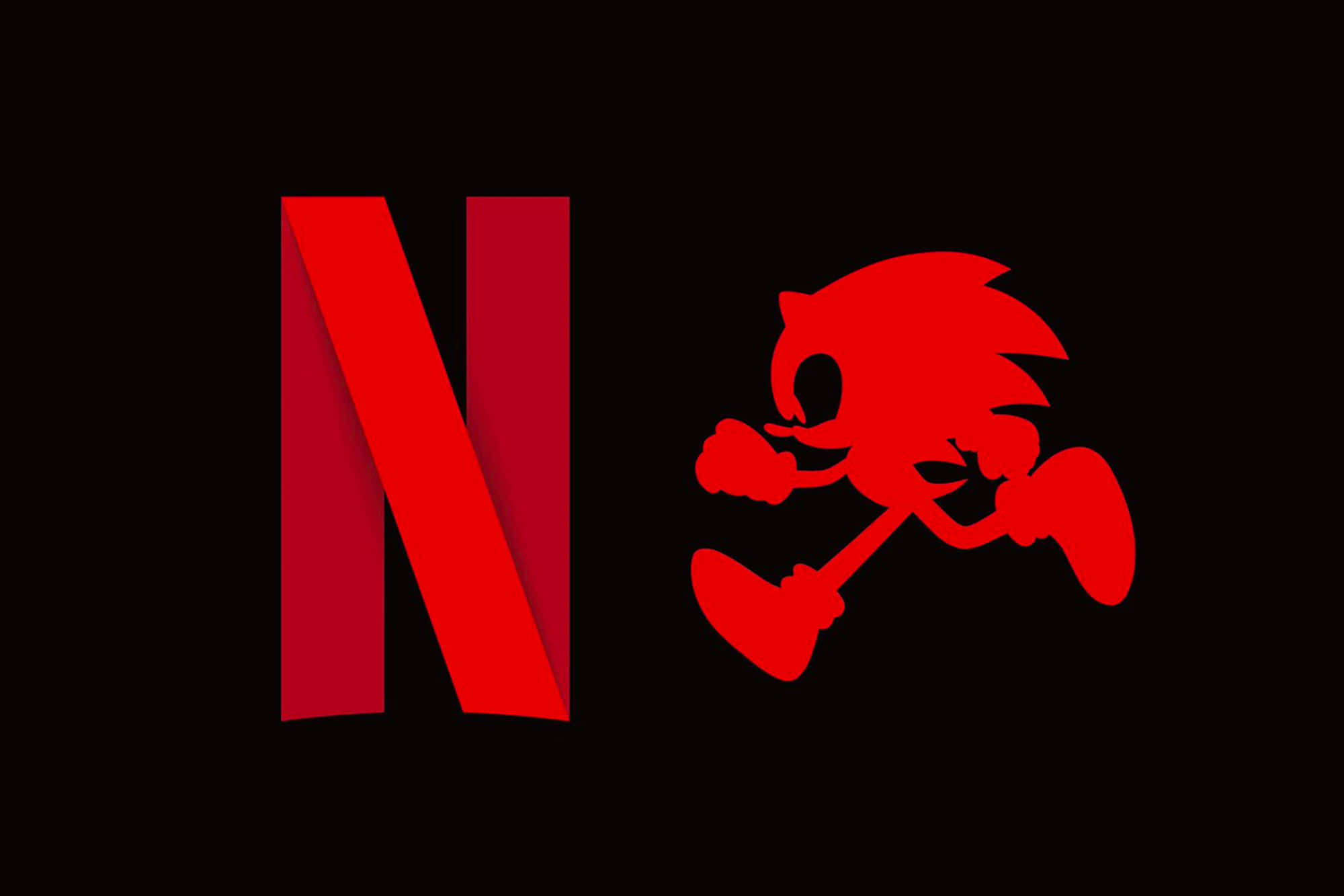 Sonic Logo 桌布 壁紙 — 大膽的紅色 Netflix 標誌和音速小子剪影在純黑背景上並排競賽。