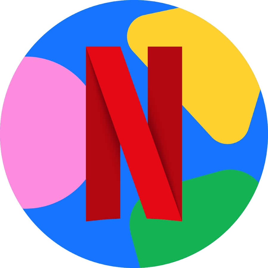 Netflix 桌布 壁紙 — 大膽的紅色 Netflix 標誌居中於充滿活力的圓形背景上，背景由粉紅色、黃色、藍色和綠色的抽象形狀組成。