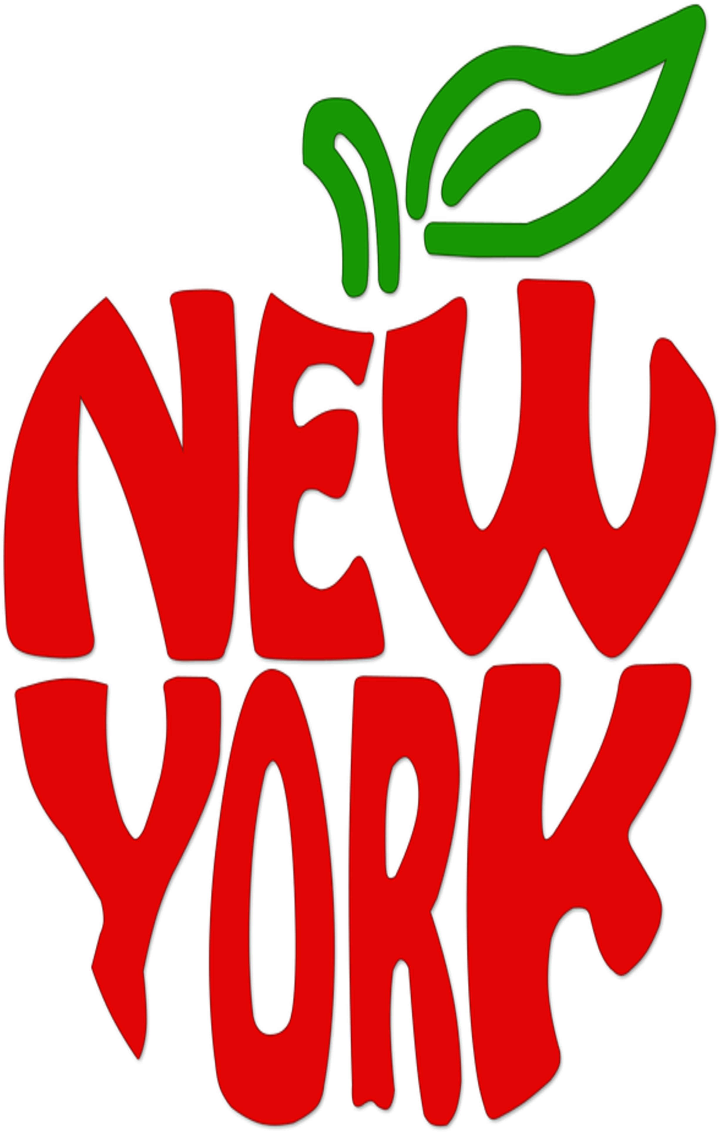 New York 桌布 壁紙 — 大膽的紅色「NEW YORK」文字，造型為帶有綠色葉子的蘋果，背景為黑色。