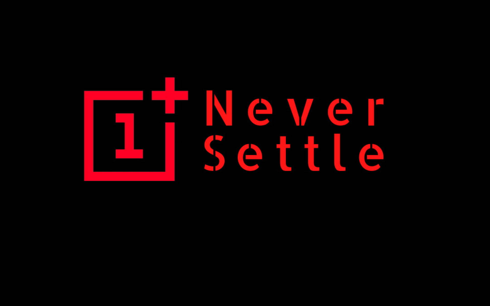  壁紙 — 大膽的紅色 OnePlus 標誌和「Never Settle」標語居中顯示在純黑色背景上。