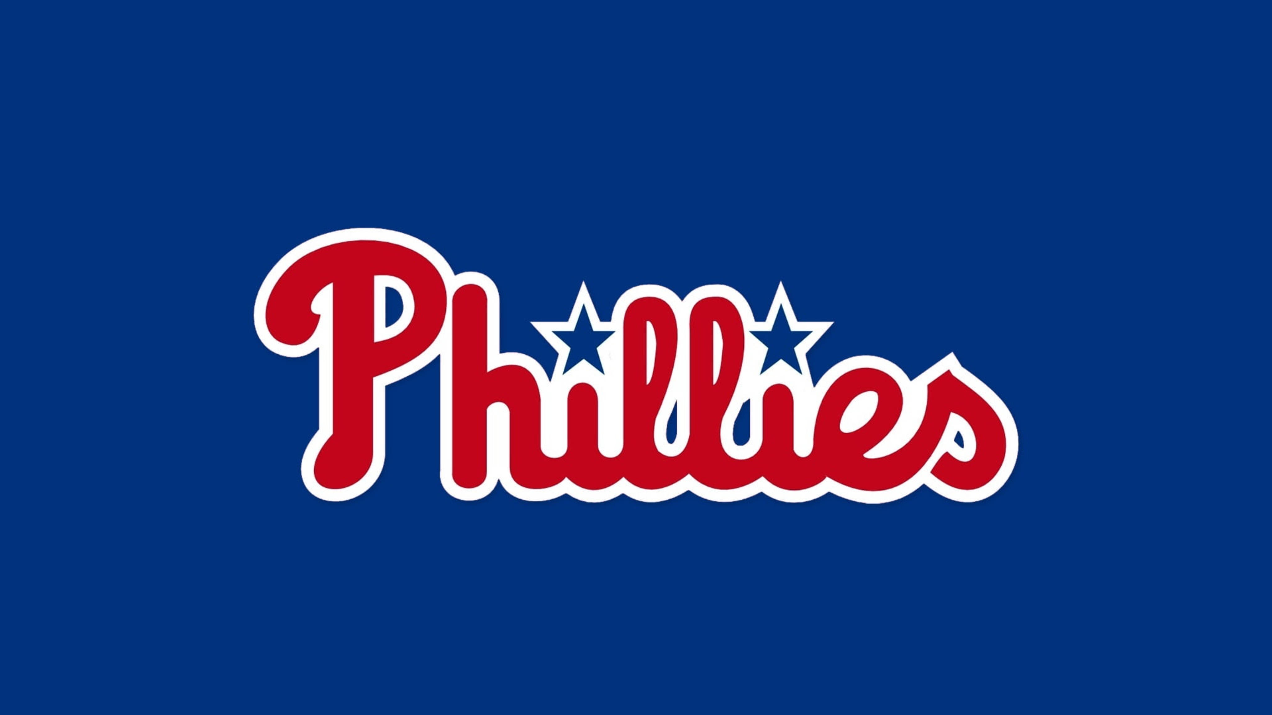 MLB 桌布 壁紙 — 大膽的紅色 Phillies 標誌，帶有白色輪廓和藍色星星，在純皇家藍色背景上。