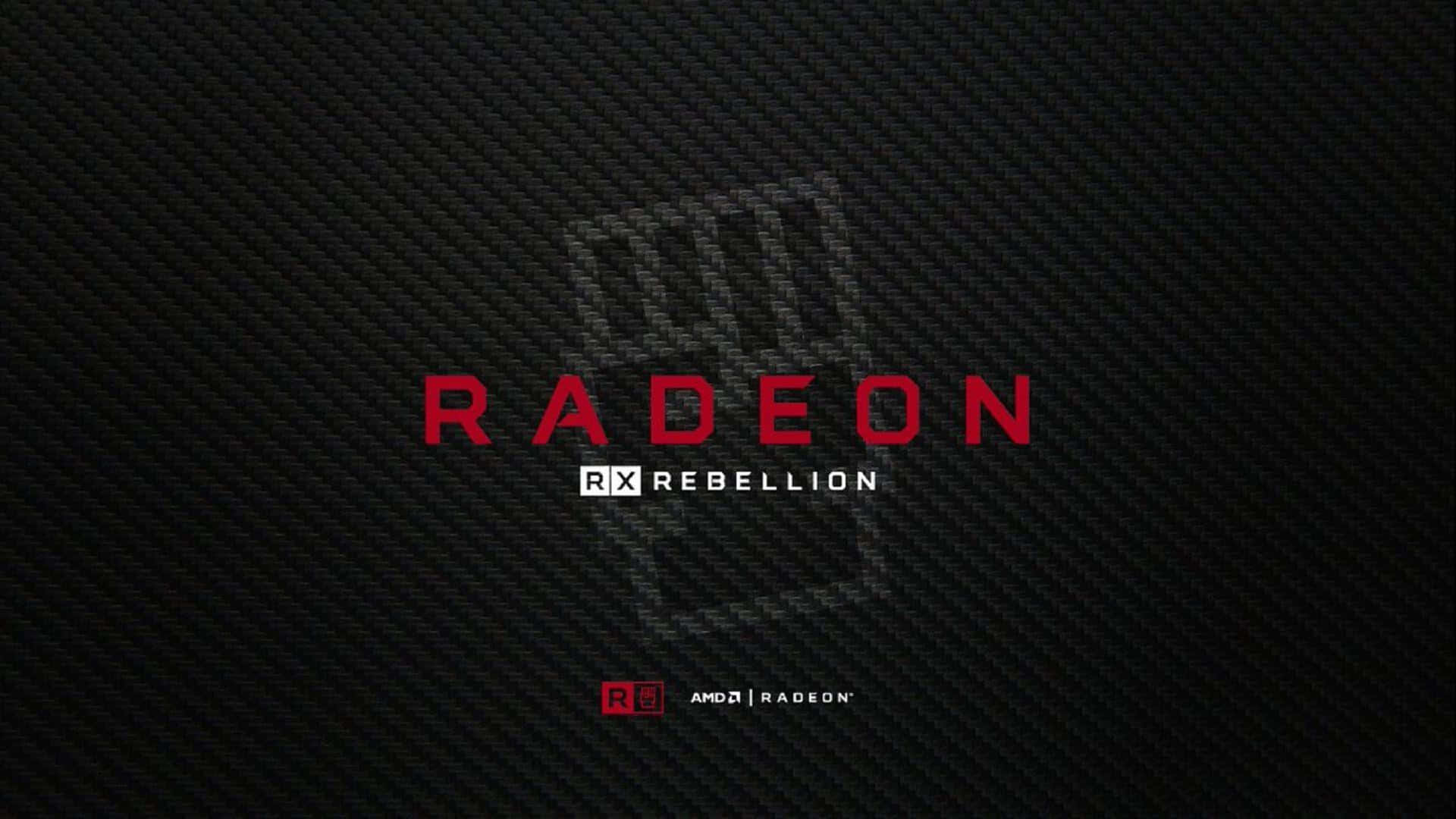 Radeon 桌布 壁紙 — 大膽的紅色 Radeon RX Rebellion 文字在深色碳纖維紋理背景上發光，帶有微妙的 AMD 品牌標識。
