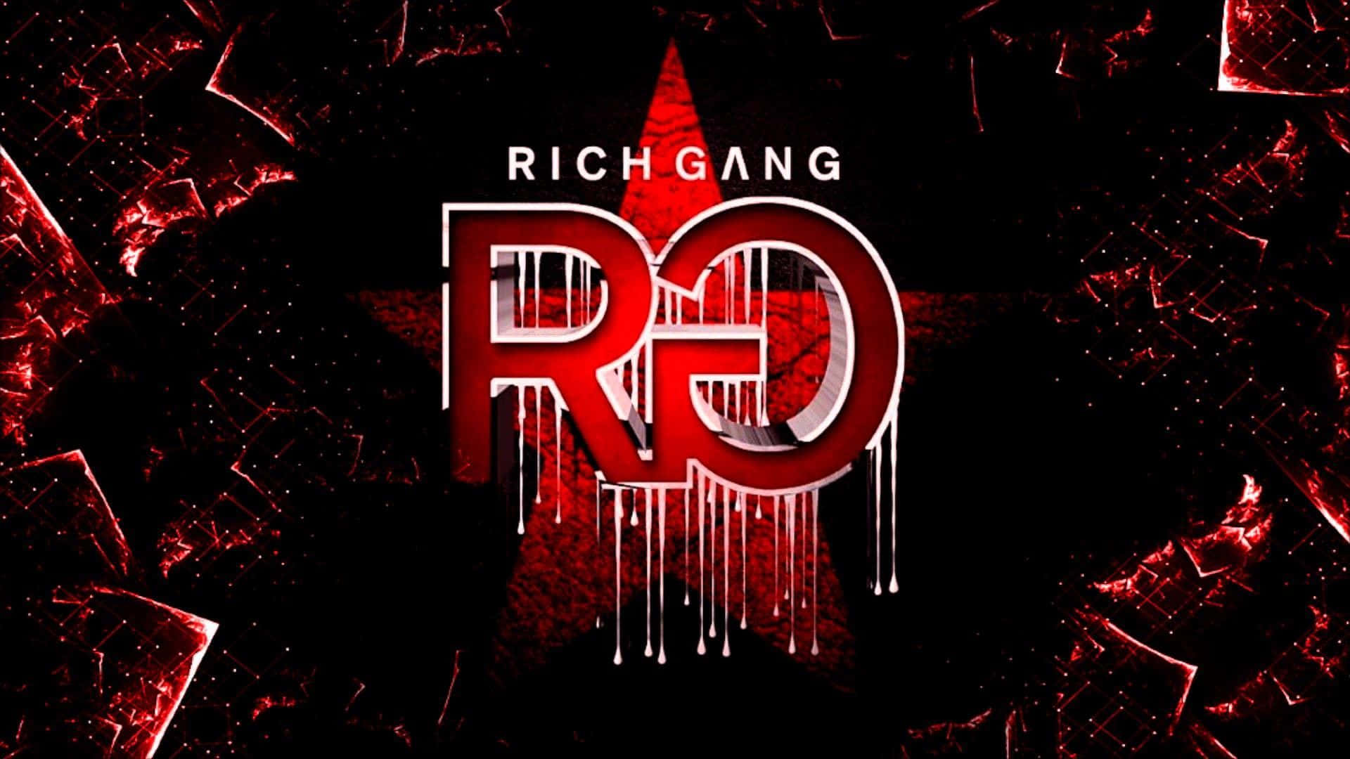 Gang 桌布 壁紙 — 大膽的紅色 'RG' 標誌在破碎玻璃背景上滴下白色液體，並帶有紅色星星和 'RICH GANG' 文字。