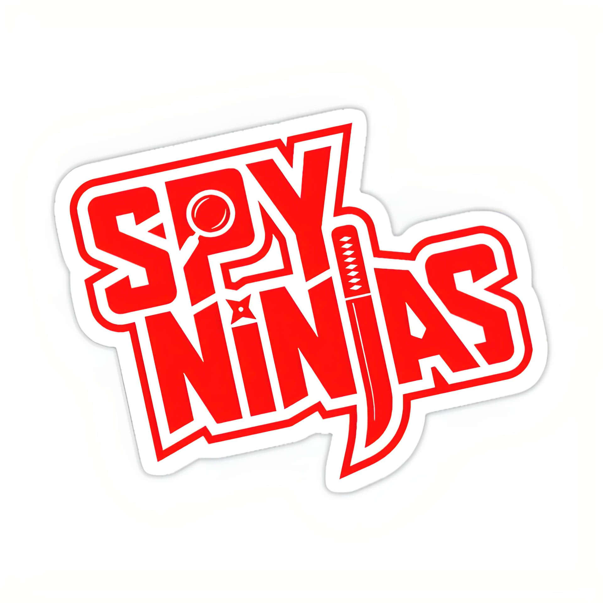 Spy Ninja 桌布 壁紙 — 大膽的紅色「SPY NINJAS」貼紙設計，將忍者星和劍融入字母中，背景為白色。