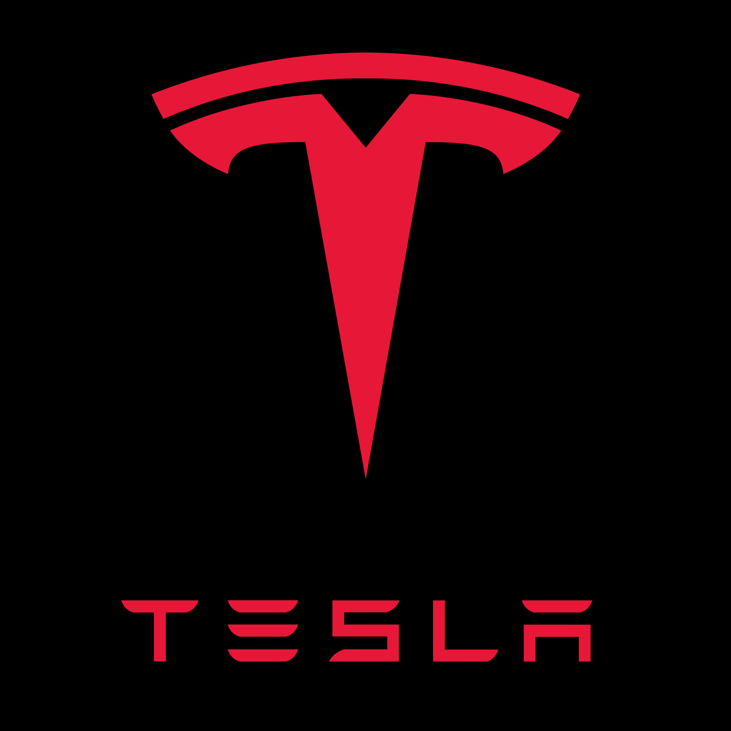 桌布 壁紙 — 大膽的紅色 Tesla 標誌，帶有風格化的 T 和品牌名稱，位於純黑色背景上。