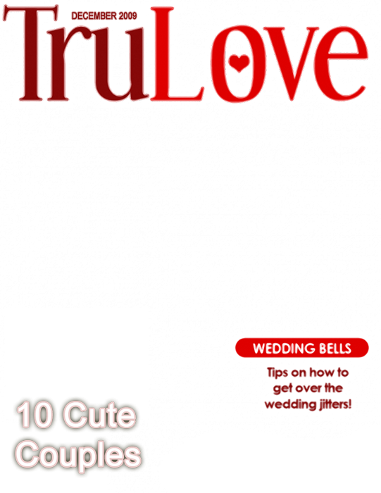 雜誌 桌布 壁紙 — 大膽的紅色 'TruLove' 雜誌封面，白色文字在黑色背景上宣佈 '10 Cute Couples' 和 'Wedding Bells' 提示。