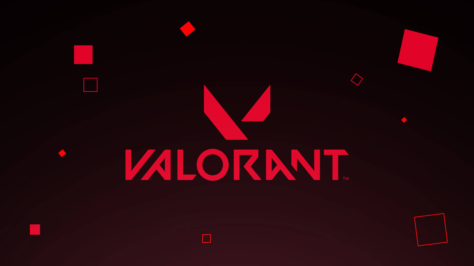 Valorant 桌布 壁紙 — 大膽的紅色 Valorant 標誌居中在深色漸變背景上，帶有浮動的幾何形狀。
