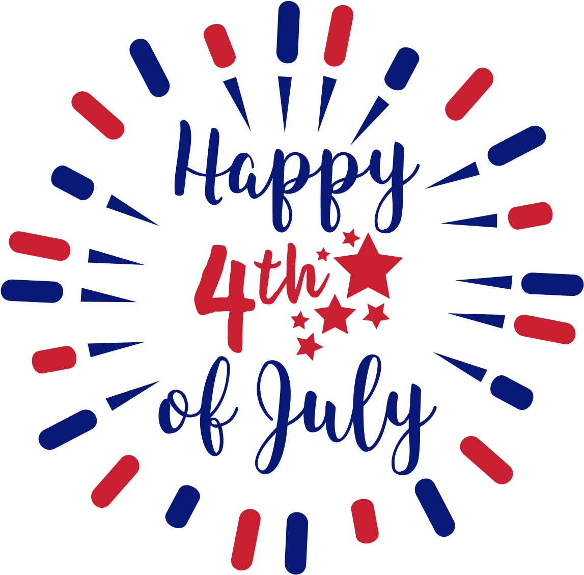 Clip Art 桌布 壁紙 — 大膽的紅色、藍色和白色煙火在草書文字「Happy 4th of July」周圍爆炸並輻射，背景為黑色。