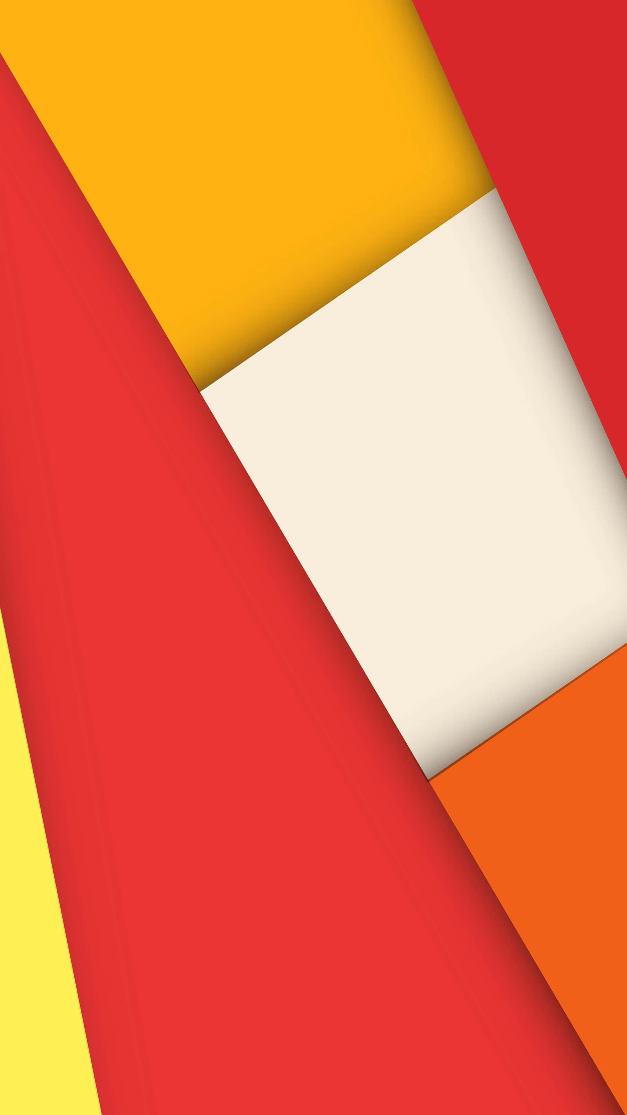 Android Material 桌布 壁紙 — 大膽的紅色、黃色和橙色的鮮豔幾何形狀，以清晰的線條和柔和的陰影創造出動態的抽象構圖。