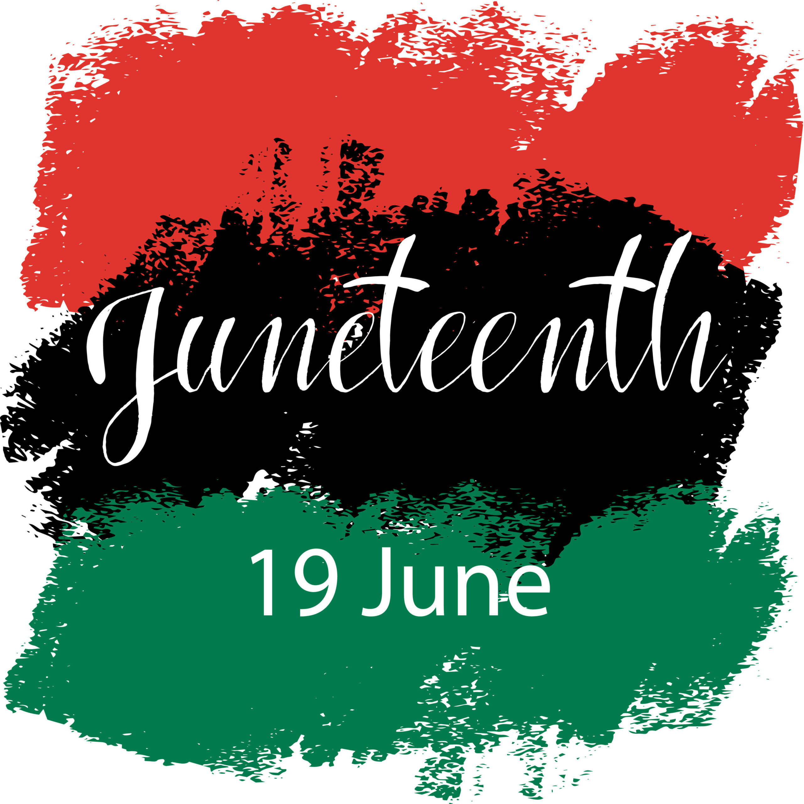 Juneteenth 桌布 壁紙 — 大膽的紅色、黑色和綠色筆觸背景，帶有白色草書 Juneteenth 和日期文字。