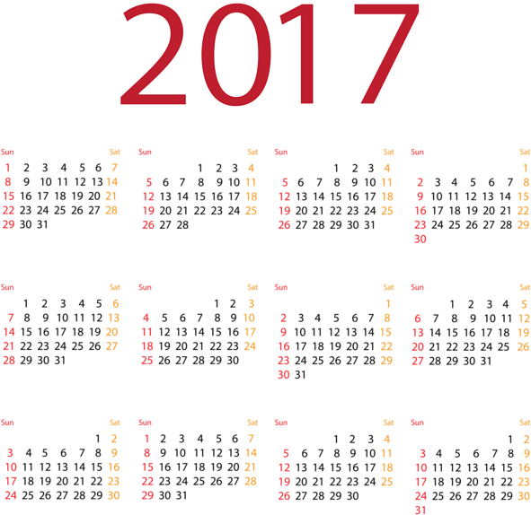 剪貼畫 桌布 壁紙 — 大膽的紅色2017文字主導黑色背景，並以紅色和橙色數字顯示月曆網格。