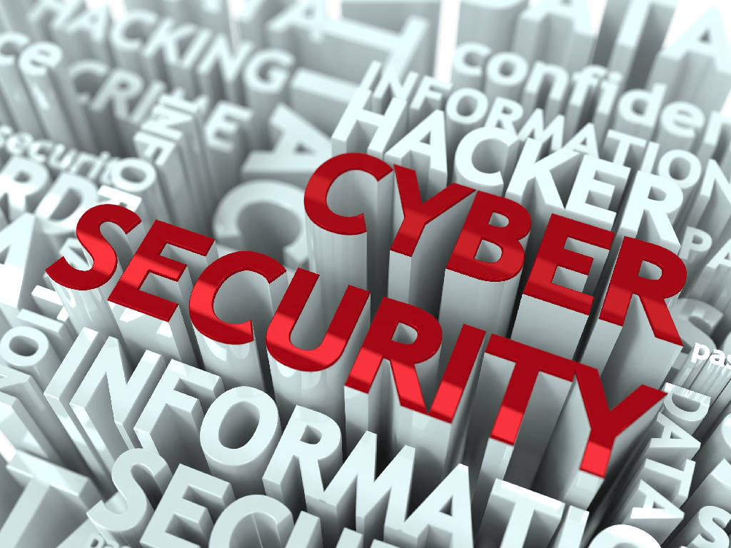 security 桌布 壁紙 — 大膽的紅色3D文字「CYBER SECURITY」在灰色安全相關詞語的海洋上方升起，構成數位抽象構圖。