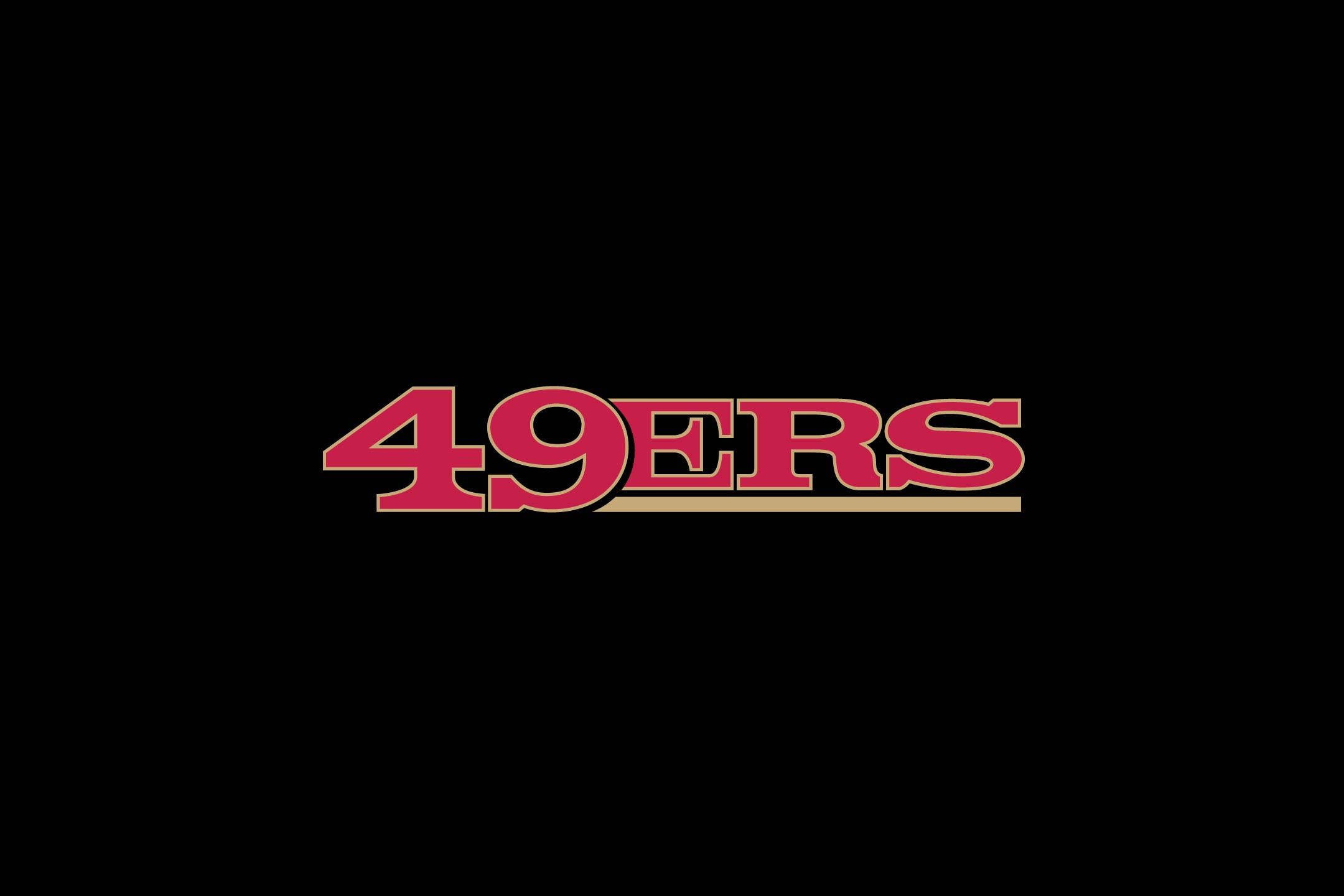 49ers 桌布 壁紙 — 大膽的紅色49ers標誌，帶有金色底線，居中在純黑色背景上。
