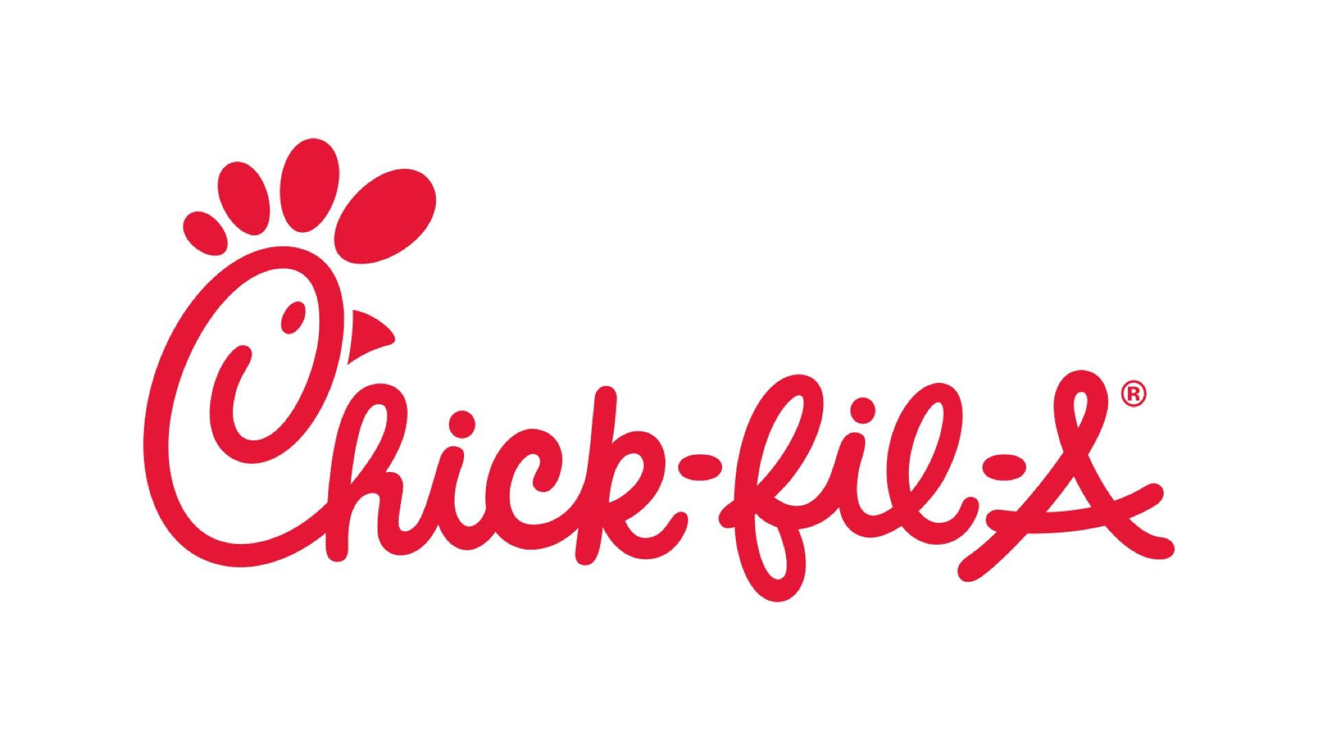 chick 桌布 壁紙 — 大膽的紅色Chick-fil-A標誌，帶有雞腳圖示，背景為純白色。