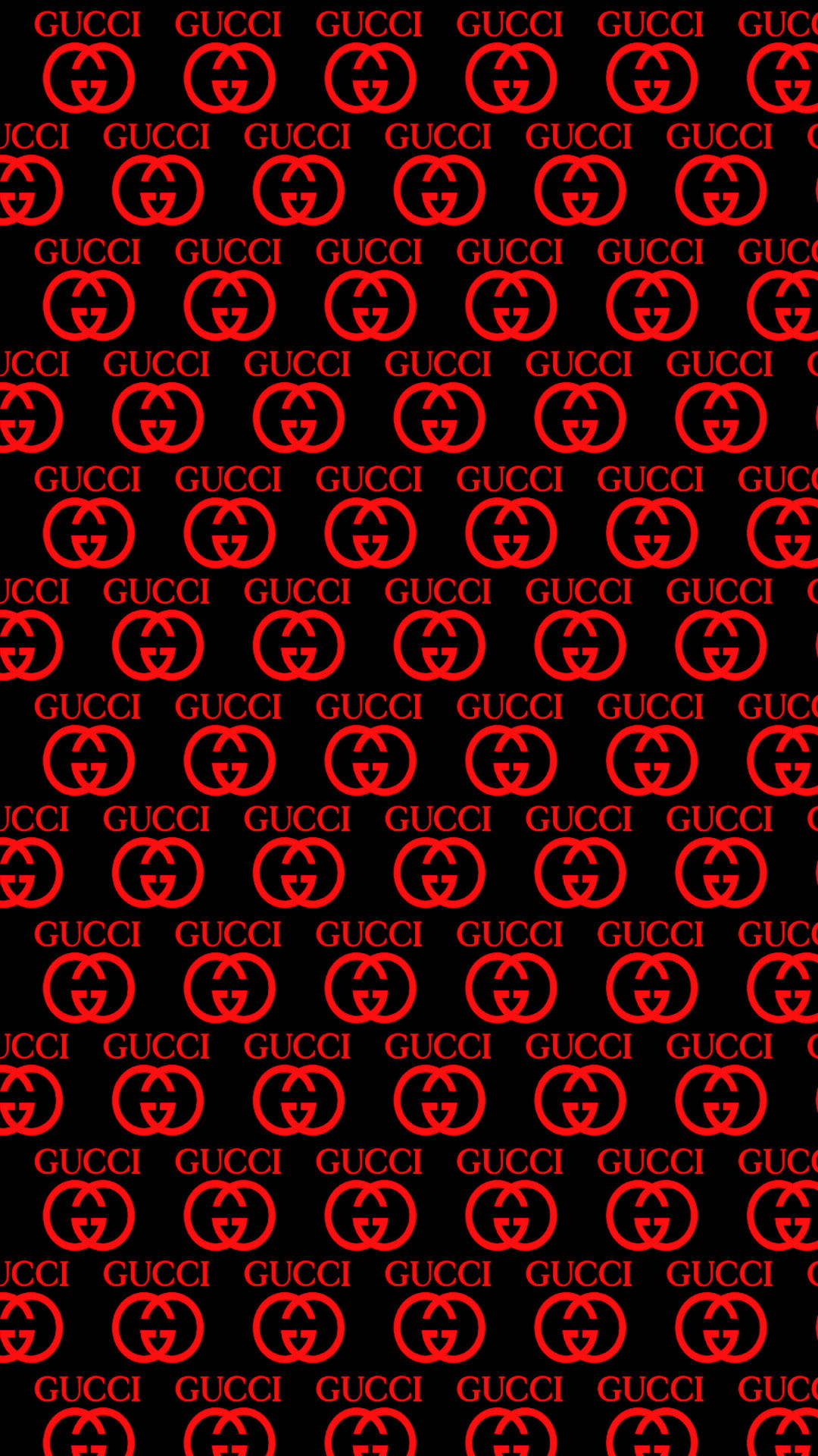 Gucci Pattern 桌布 壁紙 — 大膽的紅色Gucci標誌在純黑色背景上以密集網格重複。