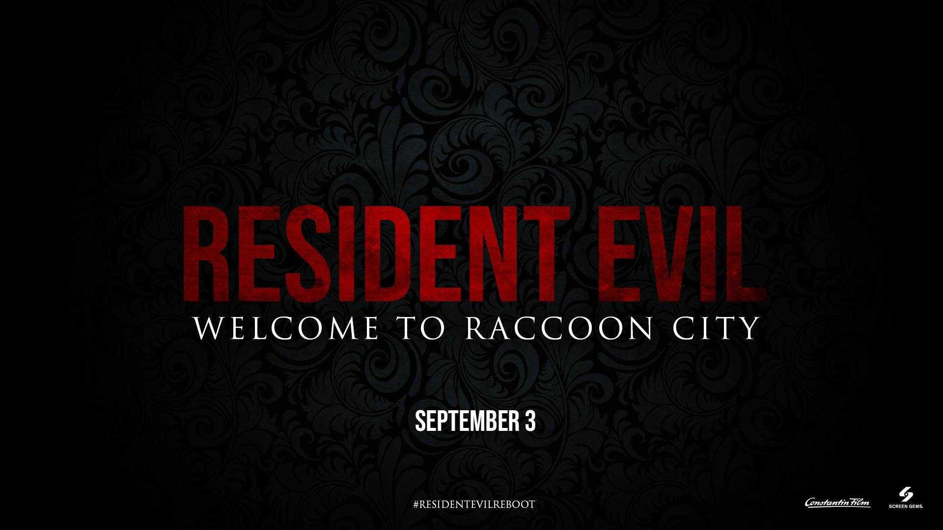 raccoon 桌布 壁紙 — 大膽的紅色Resident Evil文字在黑色華麗背景上發光，宣布電影上映。