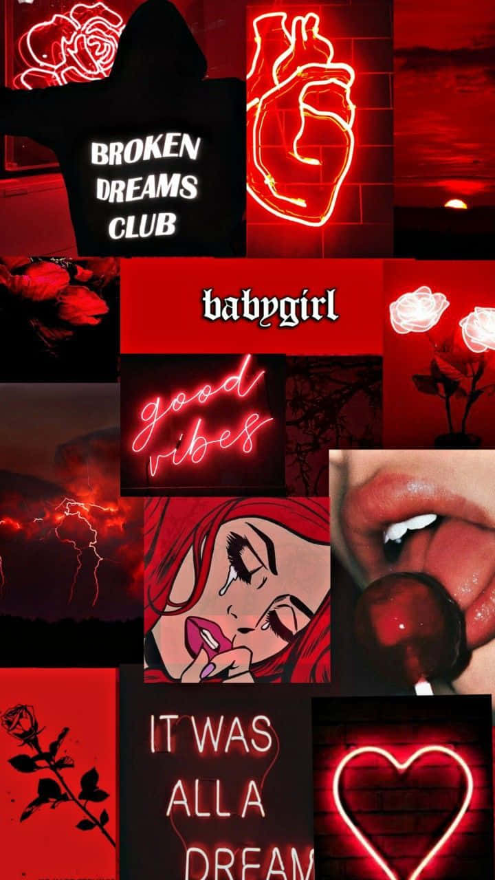 Bad Aesthetic 桌布 壁紙 — 大膽的紅色主題拼貼畫，以霓虹心形、玫瑰和文字短語（如 broken dreams club 和 babygirl）為特色，背景為深色。