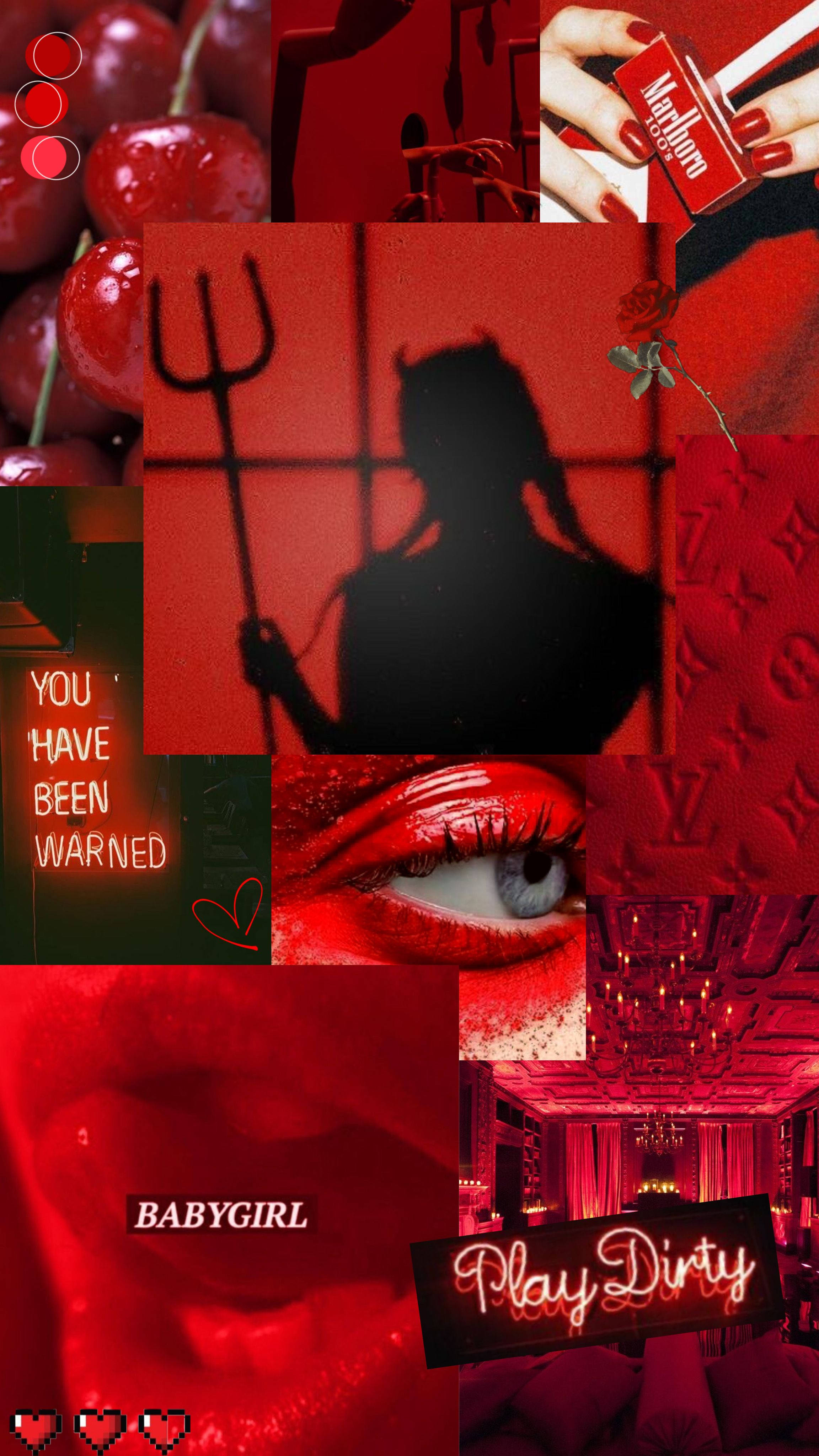 壞女孩 桌布 壁紙 — 大膽的紅色主題拼貼畫，包含櫻桃、惡魔角、唇膏眼睛和奢華質感，帶有挑釁性的文字疊加。