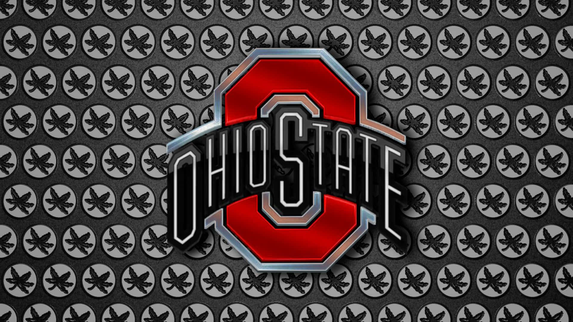 Cool Ohio State 桌布 壁紙 — 大膽的紅色俄亥俄州立大學標誌，帶有銀色飾邊，居中在深灰色背景上，背景圖案為重複的白色圓圈，內含黑色七葉樹葉。