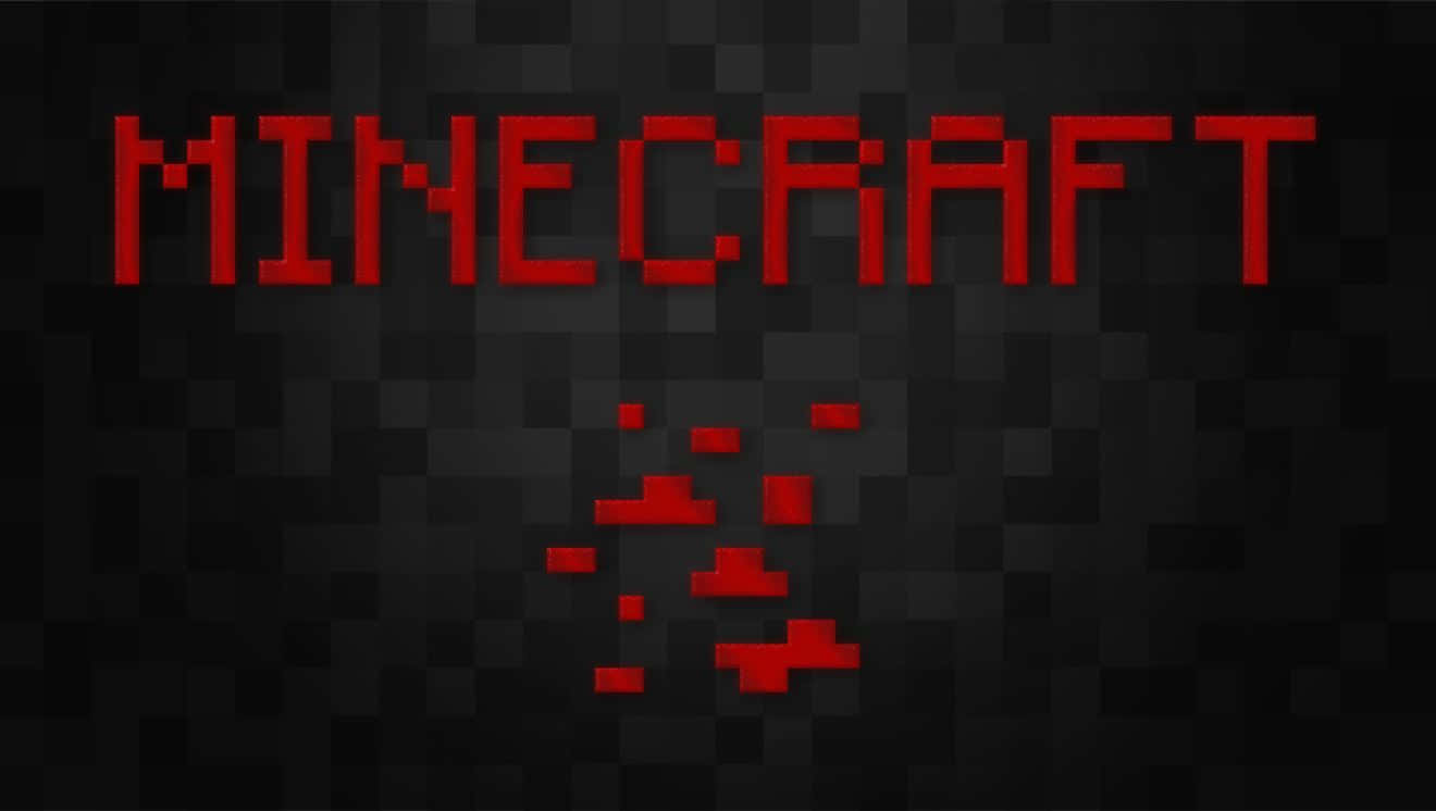 Minecraft Redstone 桌布 壁紙 — 大膽的紅色像素化Minecraft標誌在黑暗紋理方塊背景上發光。