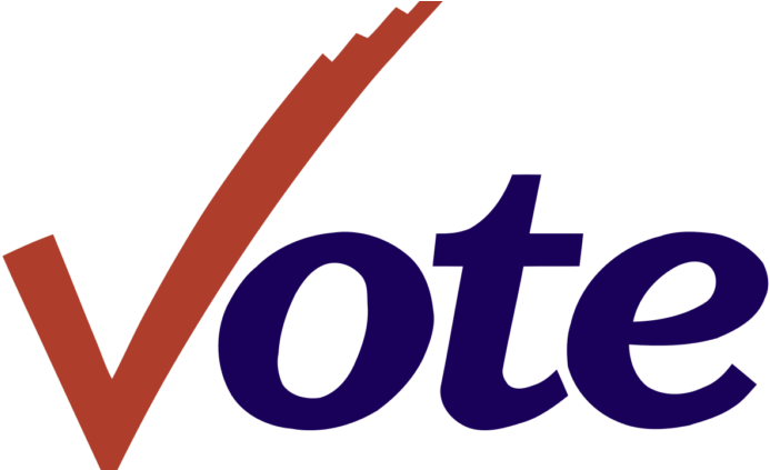 vote 桌布 壁紙 — 大膽的紅色勾號覆蓋在紫色「Vote」字樣上，背景為純黑色。
