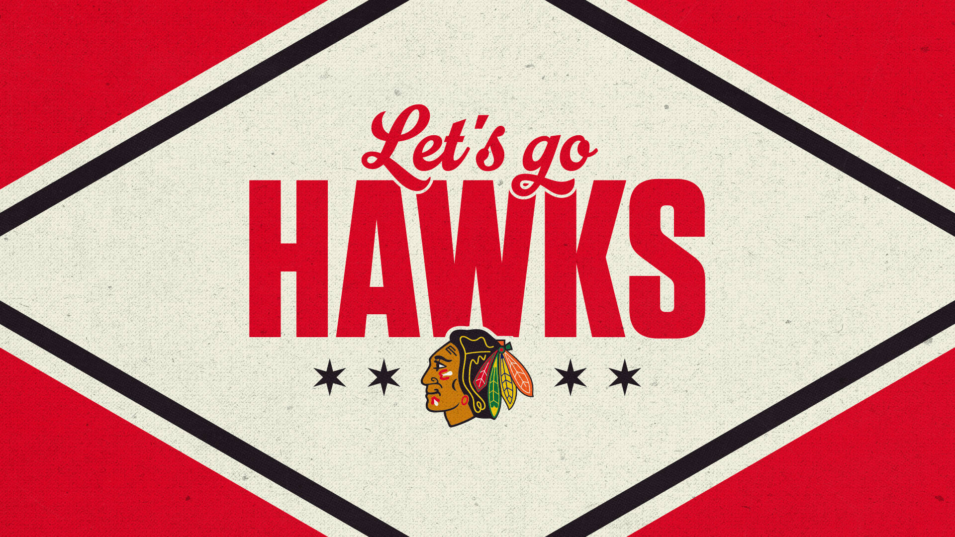 Blackhawks 桌布 壁紙 — 大膽的紅色和奶油色鑽石圖案，帶有「Let's go HAWKS」文字和芝加哥黑鷹隊標誌，周圍環繞星星。