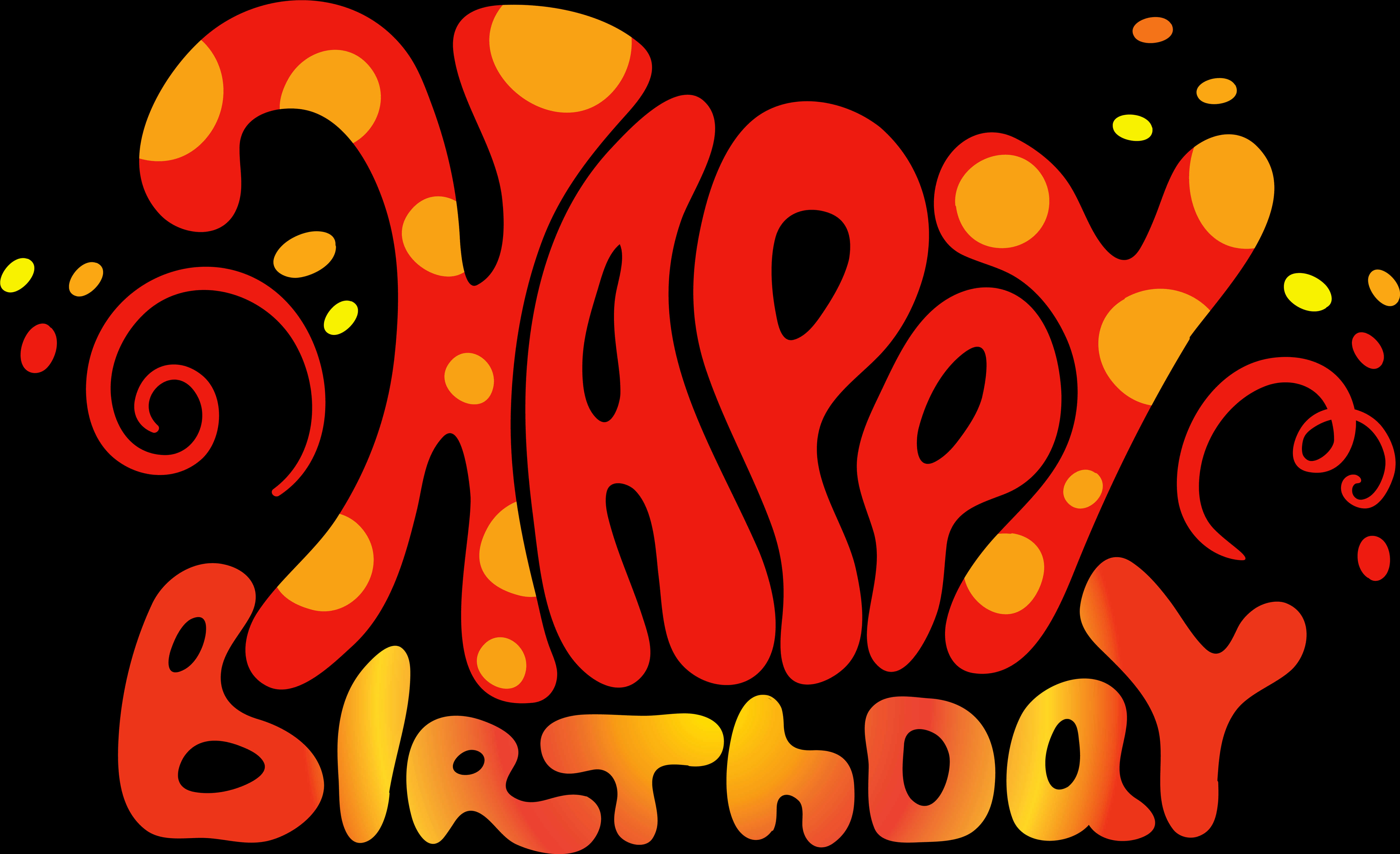 生日快樂 桌布 壁紙 — 大膽的紅色和橙色「Happy Birthday」文字，帶有黃色圓點漩渦，背景為黑色。