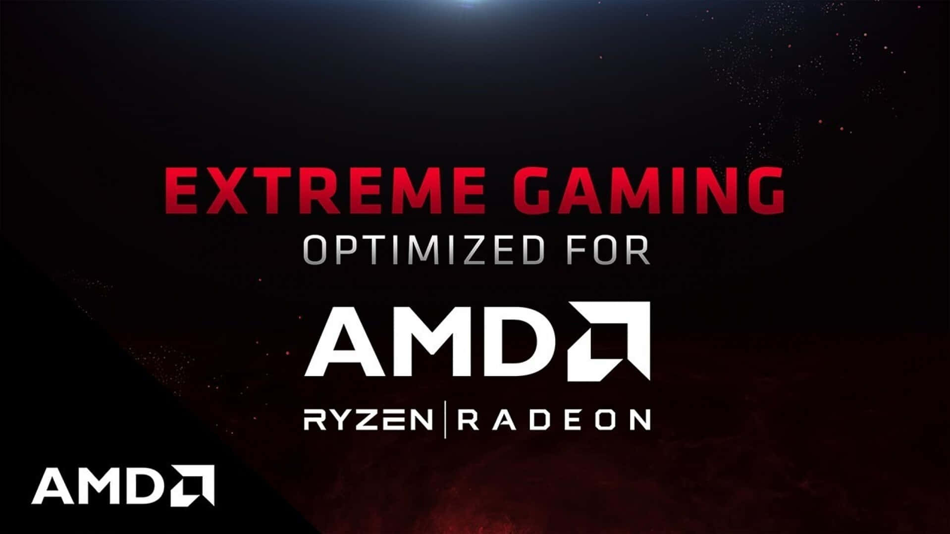 AMD 桌布 壁紙 — 大膽的紅色和白色 AMD Ryzen Radeon 品牌在帶有星狀粒子的黑暗宇宙背景上發光。