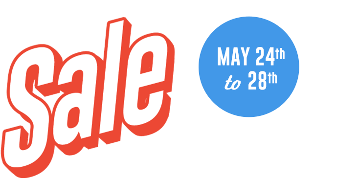 陣亡將士紀念日 桌布 壁紙 — 大膽的紅色和白色「Memorial Day Sale」文字，藍色圓圈日期，黑色背景，推廣自行車優惠。