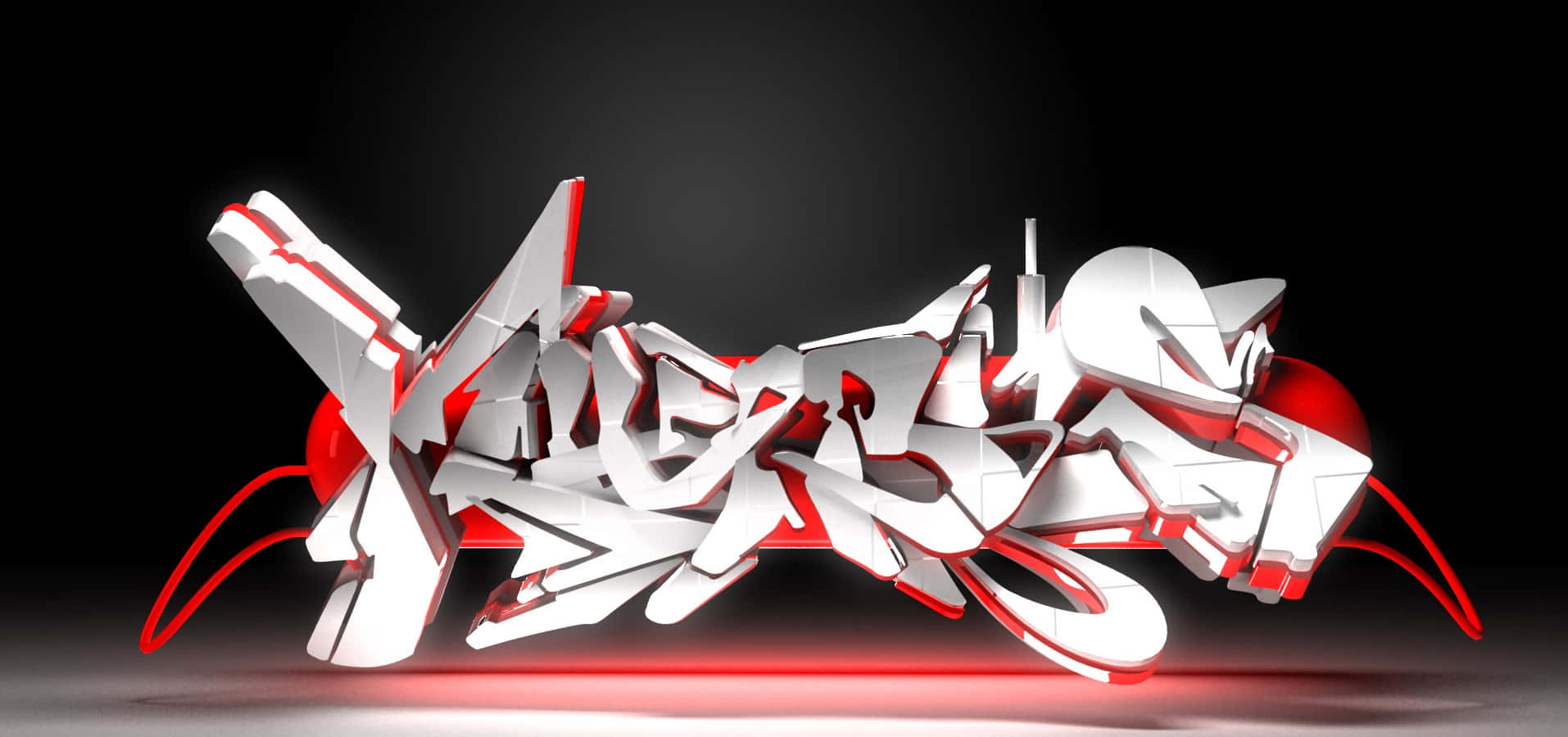 塗鴉 桌布 壁紙 — 大膽的紅色和白色3D塗鴉字母在黑暗的攝影棚地板上投下戲劇性的陰影，並帶有發光的紅色基礎照明。