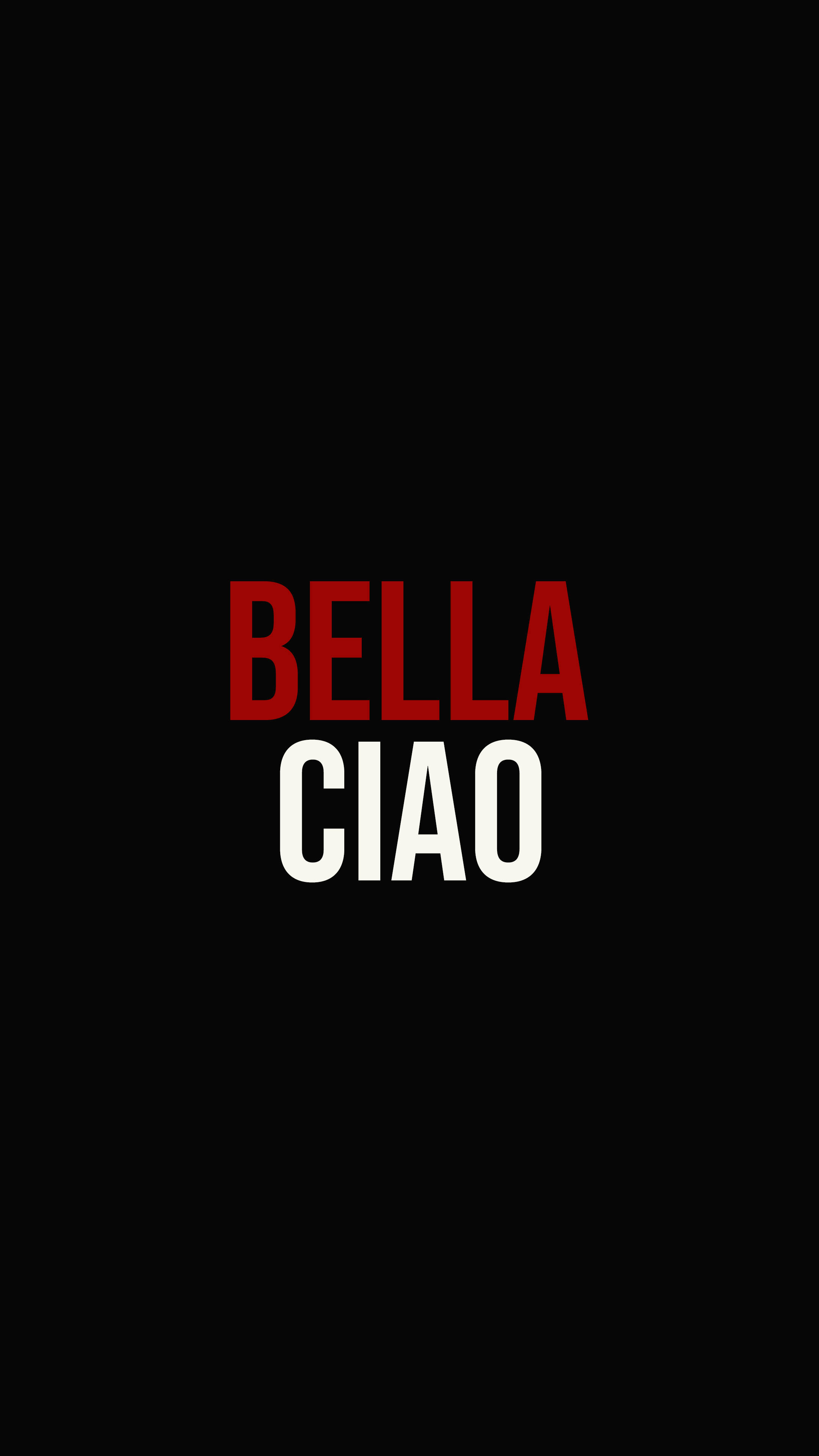 紙房子 桌布 壁紙 — 大膽的紅色和白色文字拼寫BELLA CIAO，居中在純黑色背景上。