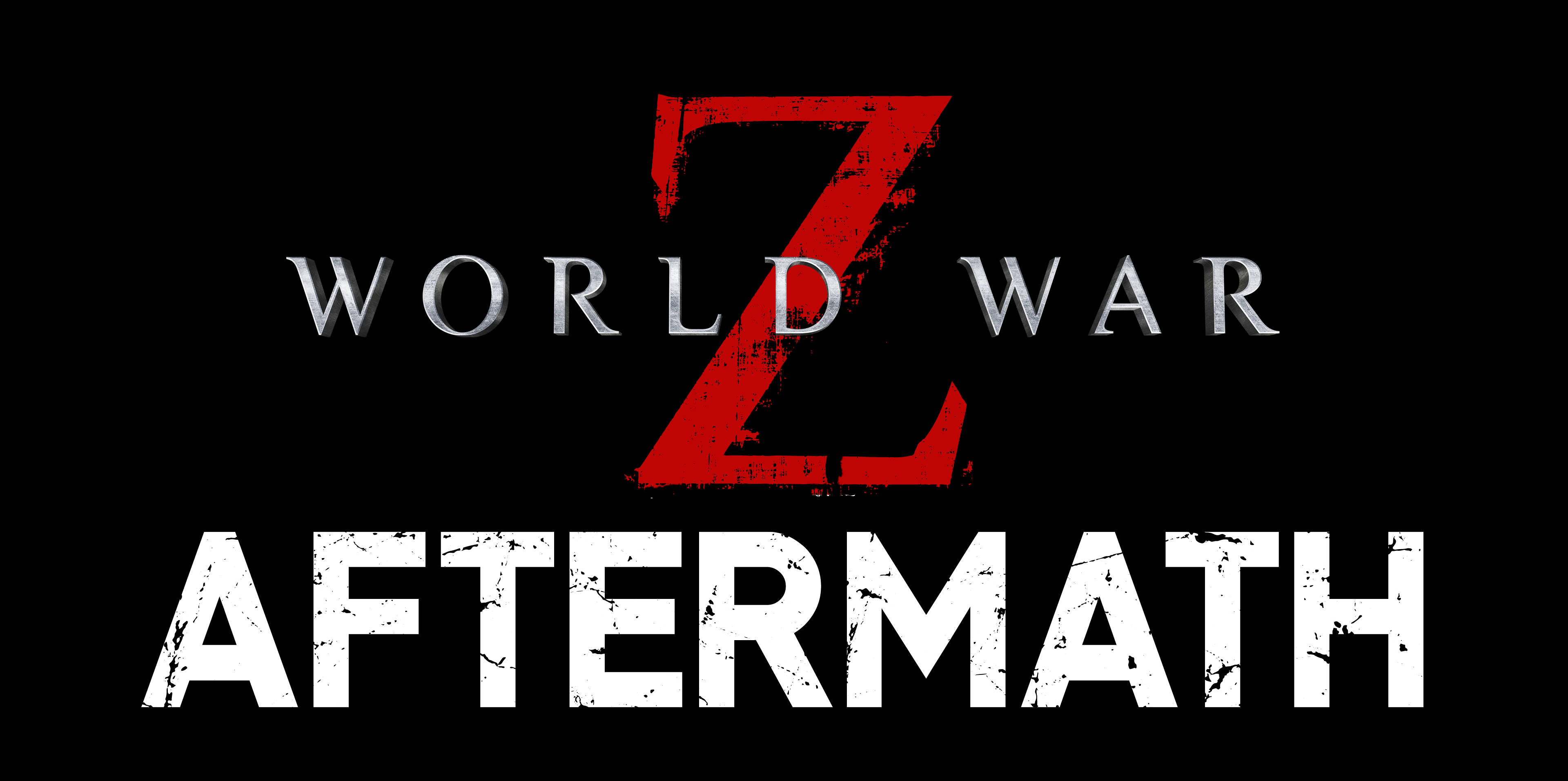 world war z 4K 桌布 壁紙 — 大膽的紅色和白色磨損文字在黑色背景上顯示「World War Z Aftermath」。