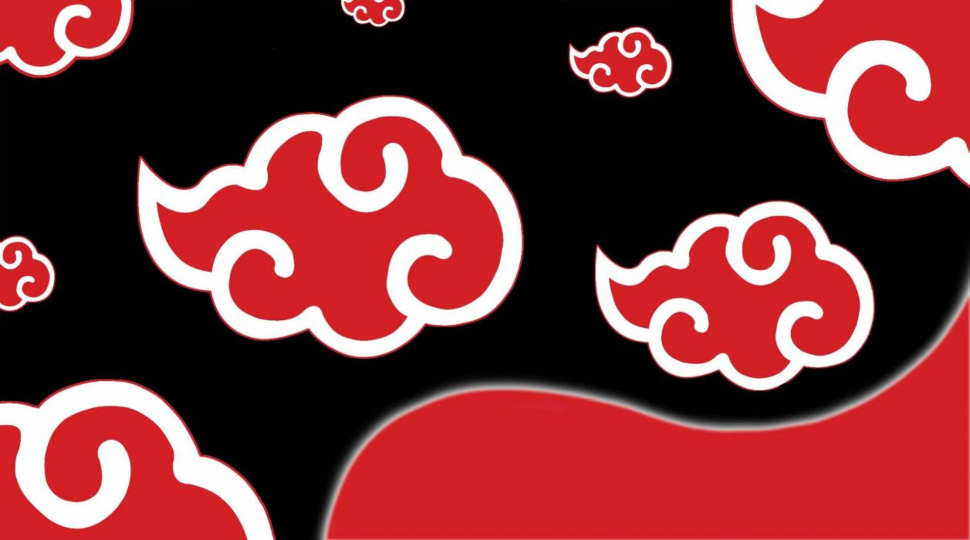 曉之雲動圖 桌布 壁紙 — 大膽的紅色和白色風格化雲朵在黑色背景上漂浮，底部有紅色波浪。