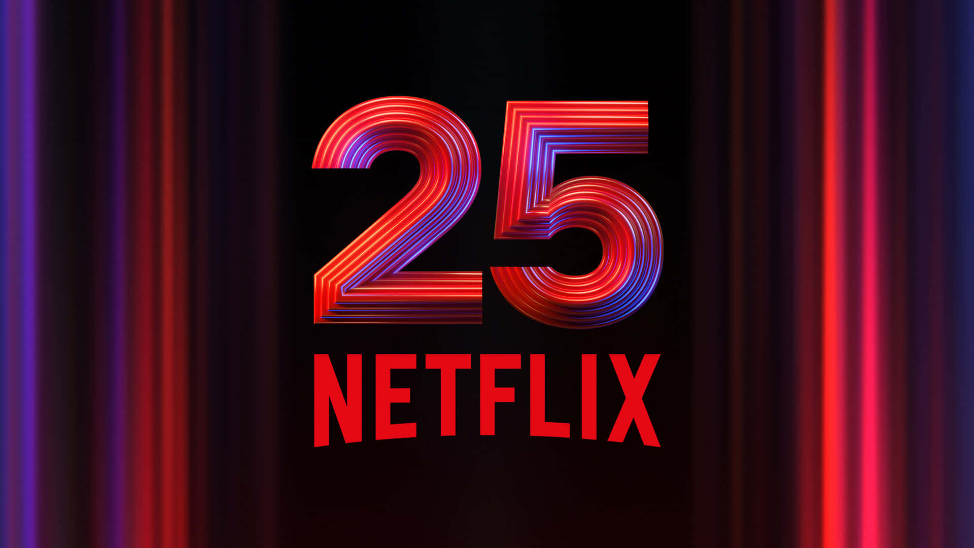 Netflix 桌布 壁紙 — 大膽的紅色和紫色霓虹數字 25，帶有 Netflix 文字光芒，背景為深色窗簾。