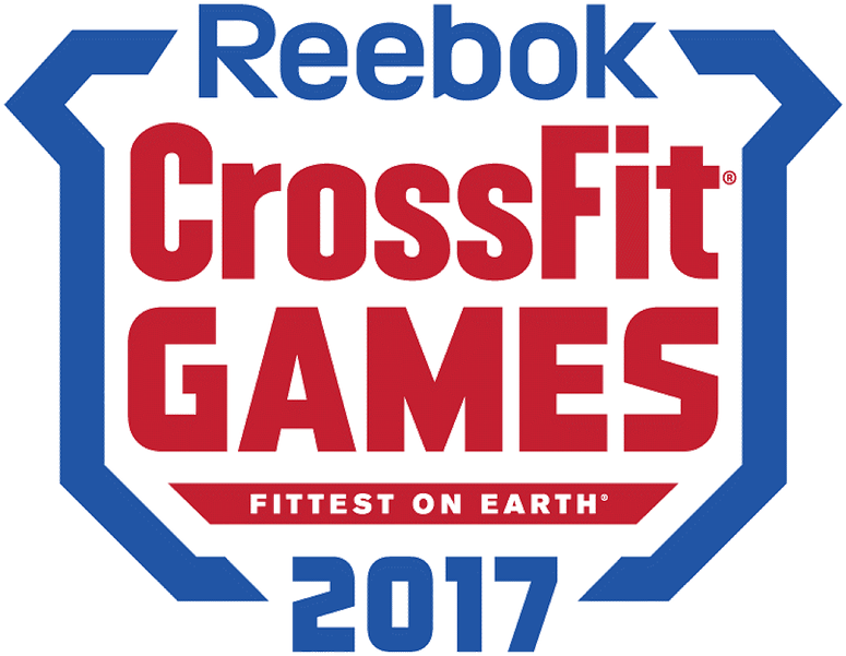 銳步 桌布 壁紙 — 大膽的紅色和藍色 Reebok CrossFit Games 標誌，帶有「Fittest on Earth」和 2017 年，背景為黑色。