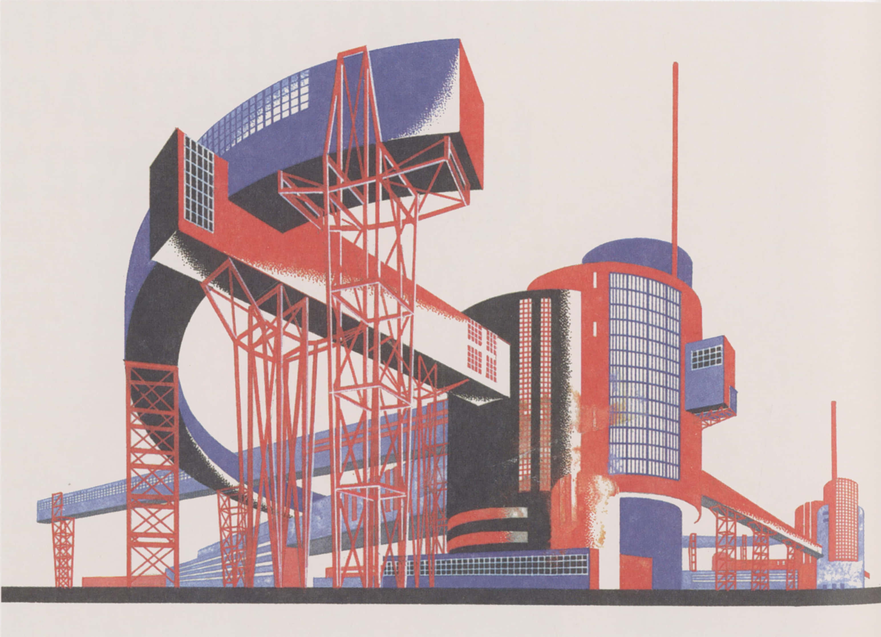 Constructivism 桌布 壁紙 — 大膽的紅色和藍色幾何建築物，帶有格子鷹架，在風格化插圖中聳立在樸素的背景上。
