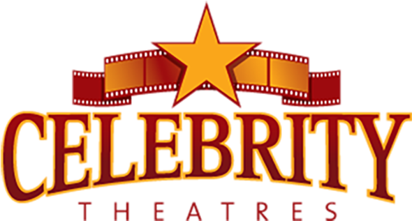 慶祝 桌布 壁紙 — 大膽的紅色和金色「Celebrity Theatres」標誌，帶有星星和膠卷條橫幅，背景為黑色。