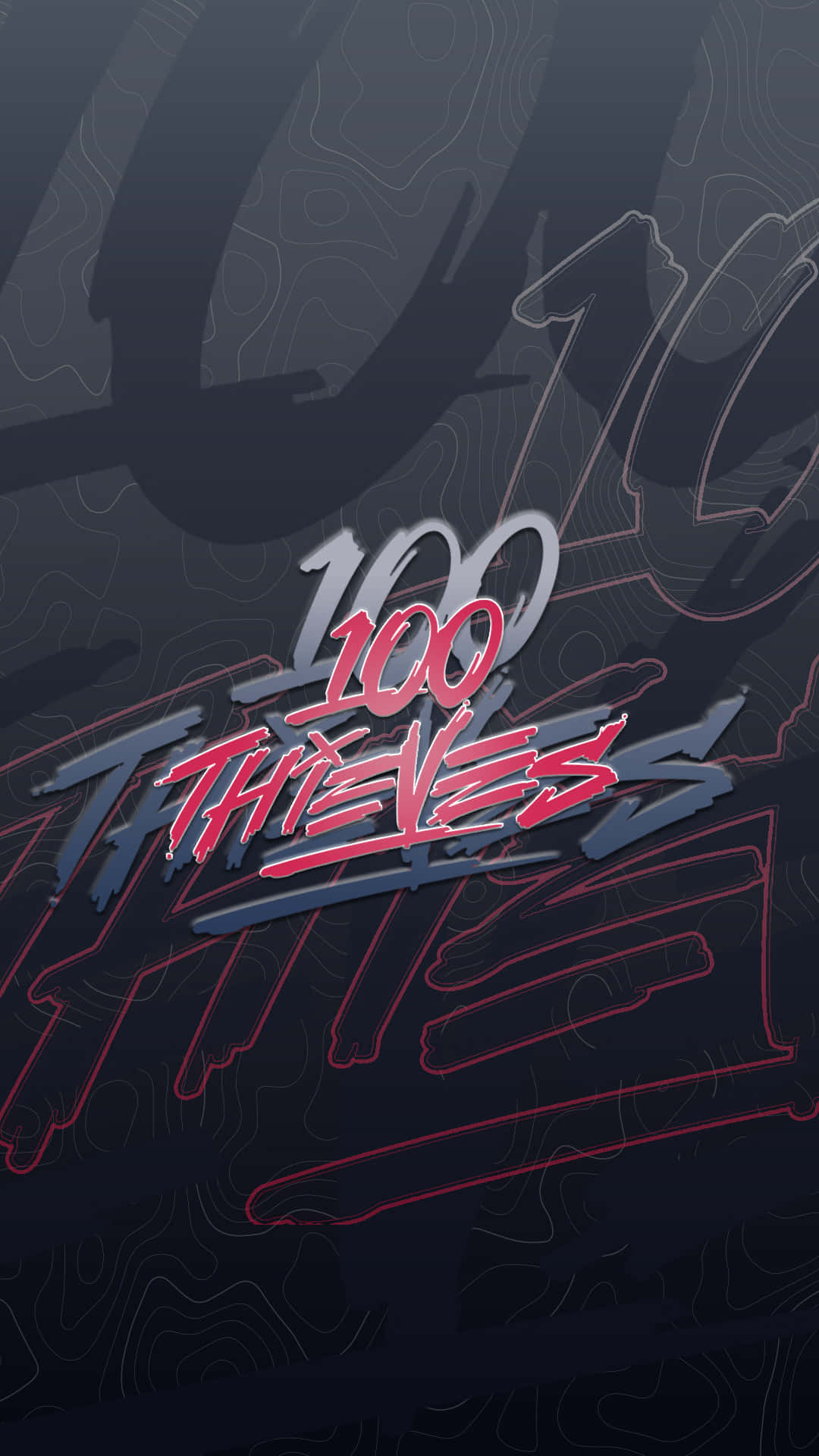 Esports 桌布 壁紙 — 大膽的紅色和銀色「100 THIEVES」標誌在黑暗的地形背景上發光，帶有發光的紅線。