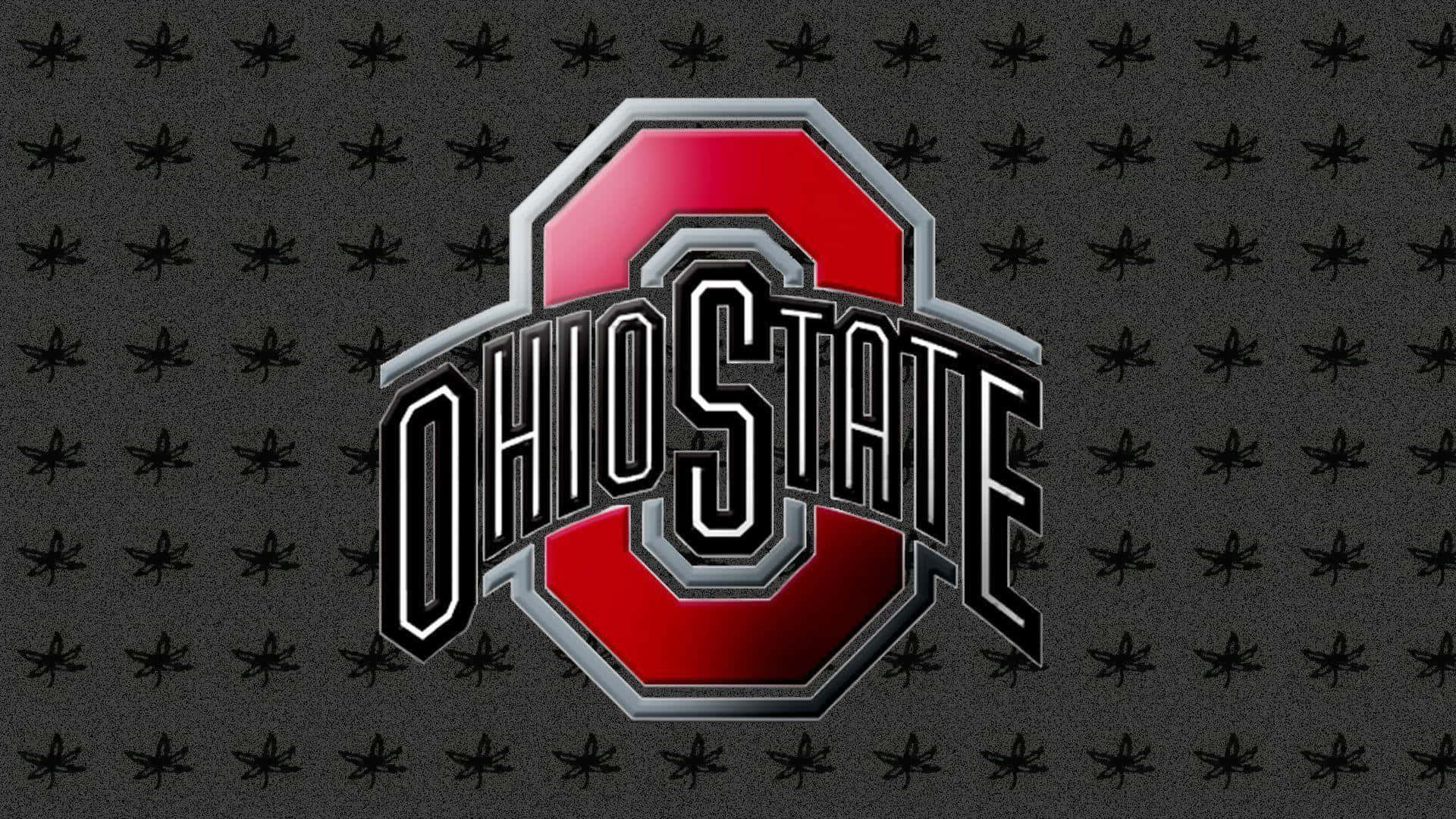Ohio State Logo 桌布 壁紙 — 大膽的紅色和銀色俄亥俄州立大學標誌居中於深灰色背景上，帶有重複的黑色七葉樹圖案。