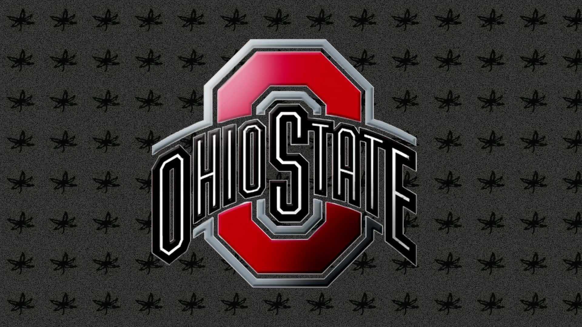 Cool Ohio State 桌布 壁紙 — 大膽的紅色和銀色俄亥俄州立大學標誌居中於深灰色背景上，帶有重複的黑色七葉樹圖案。
