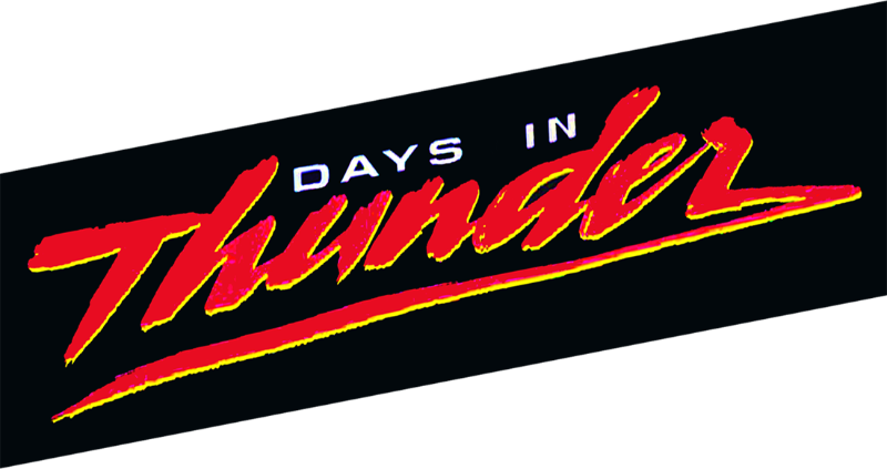 thunder 桌布 壁紙 — 大膽的紅色和黃色「Days in Thunder」標誌，黑色背景上帶有白色塊狀字母。