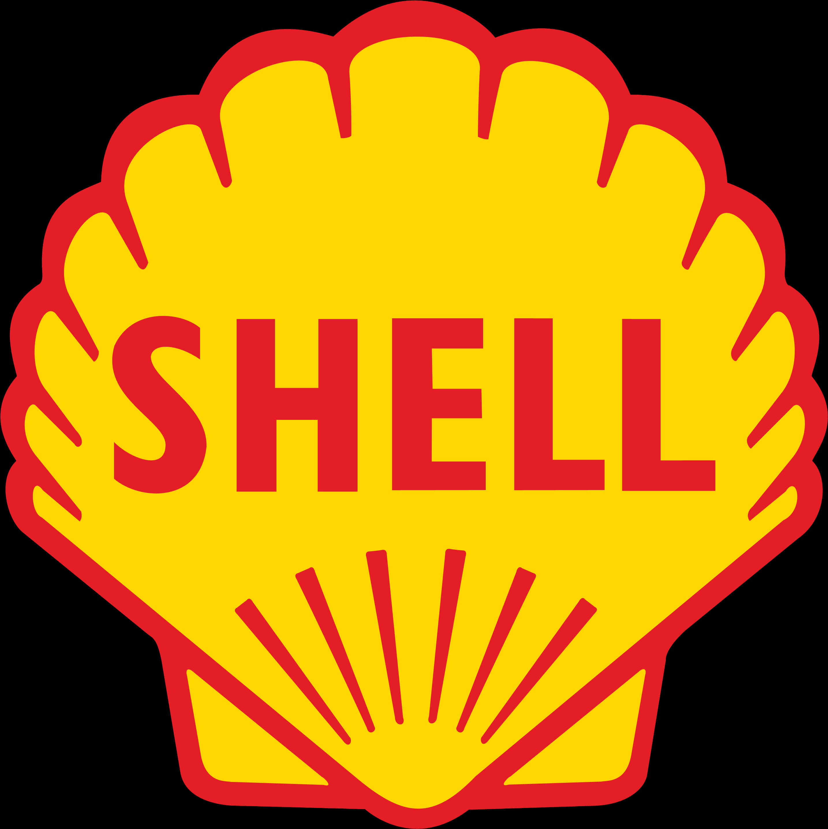 貝殼 桌布 壁紙 — 大膽的紅色和黃色Shell標誌，帶有經典扇貝形狀和大寫文字，背景為黑色。