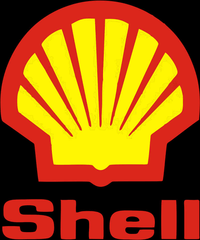 品牌 桌布 壁紙 — 大膽的紅色和黃色Shell標誌，帶有標誌性的扇貝和品牌名稱，背景為黑色。