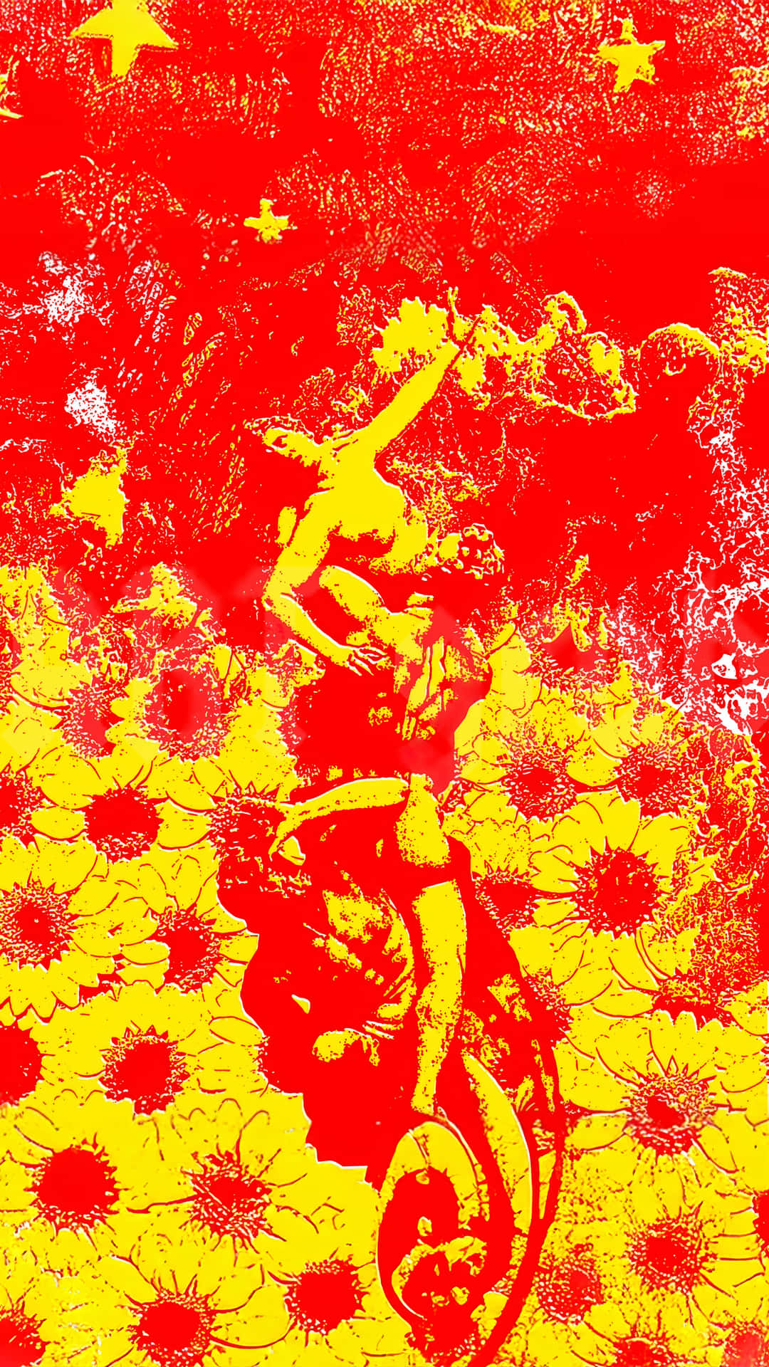 Radiant Rebirth: Bloom of Revolution 壁紙 — 大膽的紅色和黃色圖形描繪了一個風格化的人物在星空下騎自行車穿過向日葵田。