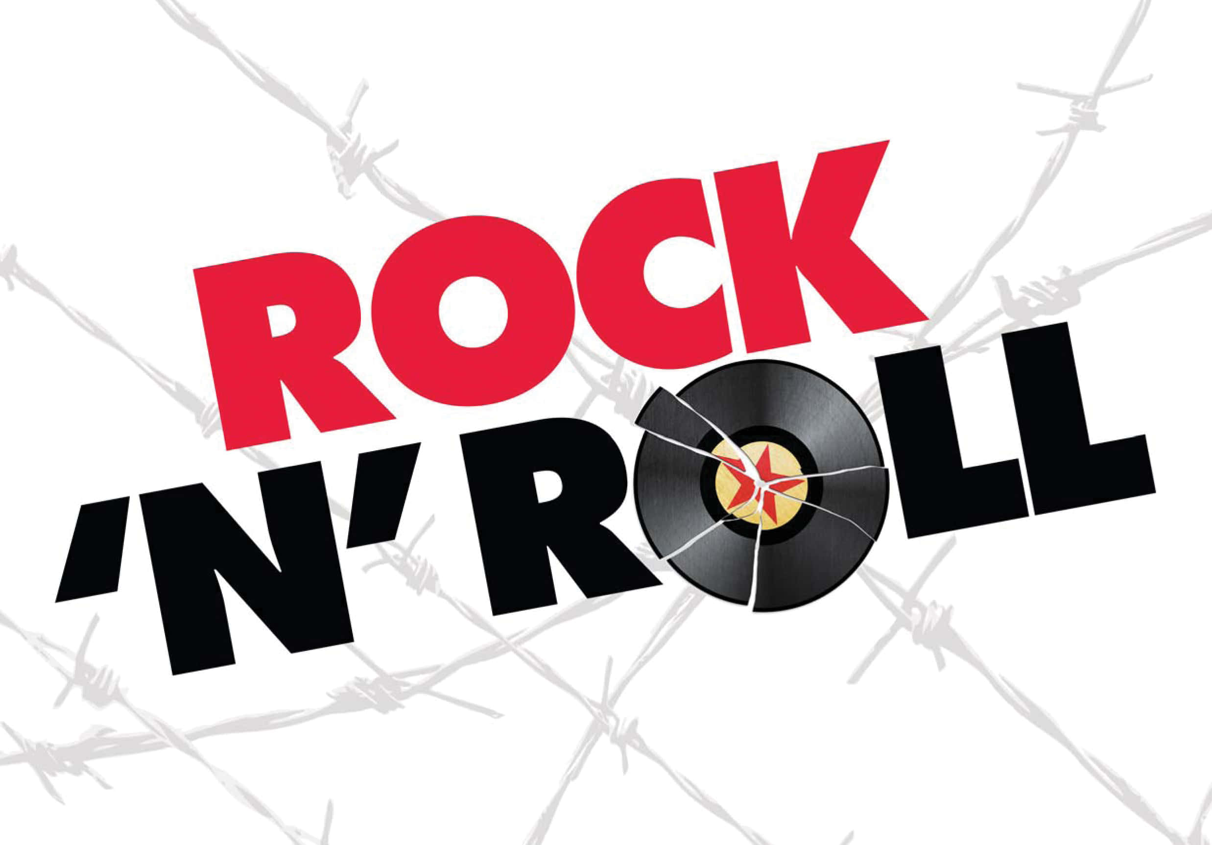 rock n roll 桌布 壁紙 — 大膽的紅色和黑色「ROCK 'N' ROLL」文字，背景為破裂的黑膠唱片和鐵絲網。