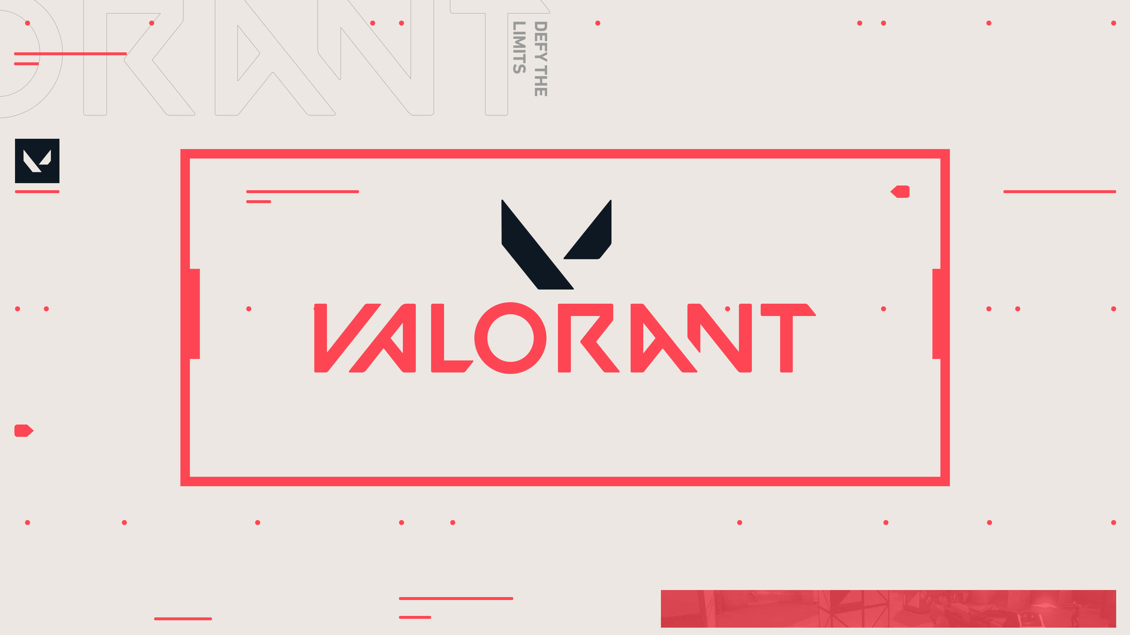 Best Valorant 桌布 壁紙 — 大膽的紅色和黑色Valorant標誌置中在淺米色背景上的極簡幾何框架內。