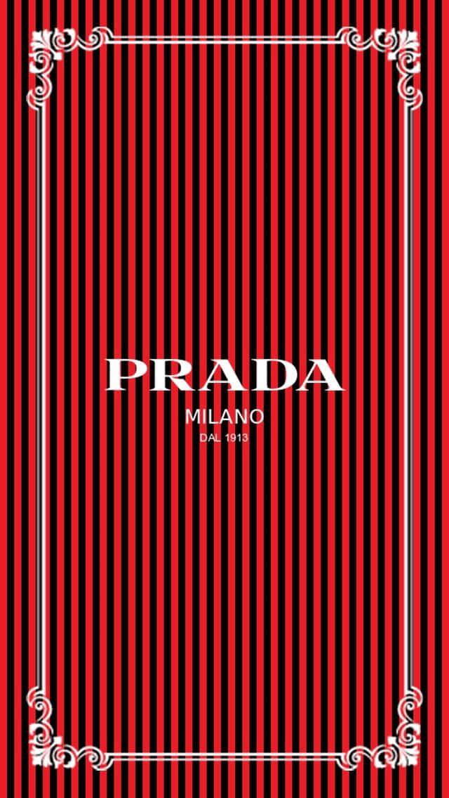 Prada 桌布 壁紙 — 大膽的紅色和黑色垂直條紋，飾以華麗的白色角落，中央有Prada Milano文字。