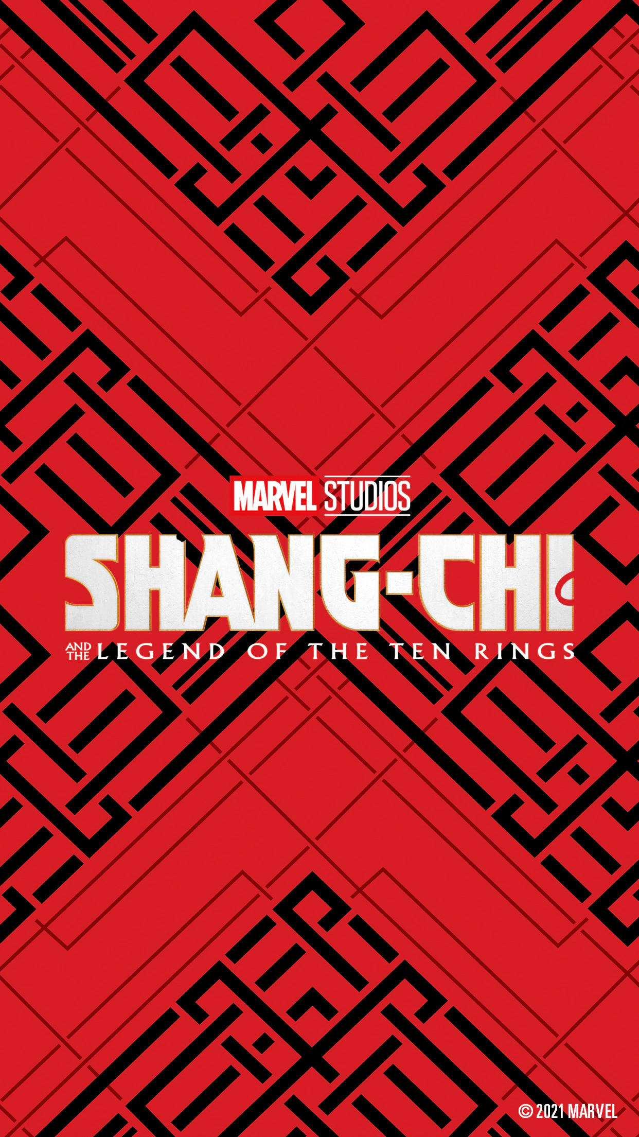 Shang 桌布 壁紙 — 大膽的紅色和黑色幾何迷宮圖案，中央有白色Marvel Studios尚氣電影標題。